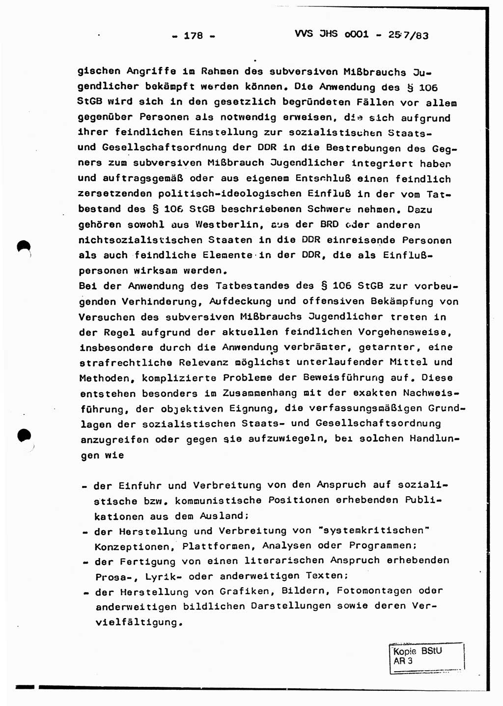 Dissertation, Oberst Helmut Lubas (BV Mdg.), Oberstleutnant Manfred Eschberger (HA IX), Oberleutnant Hans-Jürgen Ludwig (JHS), Ministerium für Staatssicherheit (MfS) [Deutsche Demokratische Republik (DDR)], Juristische Hochschule (JHS), Vertrauliche Verschlußsache (VVS) o001-257/83, Potsdam 1983, Seite 178 (Diss. MfS DDR JHS VVS o001-257/83 1983, S. 178)