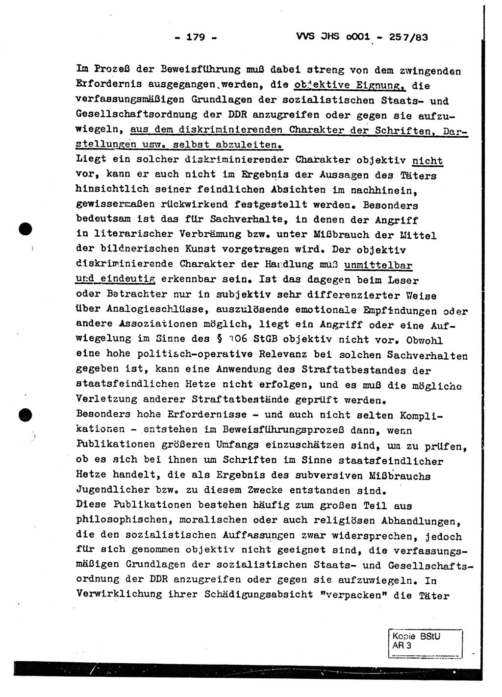 Dissertation, Oberst Helmut Lubas (BV Mdg.), Oberstleutnant Manfred Eschberger (HA IX), Oberleutnant Hans-Jürgen Ludwig (JHS), Ministerium für Staatssicherheit (MfS) [Deutsche Demokratische Republik (DDR)], Juristische Hochschule (JHS), Vertrauliche Verschlußsache (VVS) o001-257/83, Potsdam 1983, Seite 179 (Diss. MfS DDR JHS VVS o001-257/83 1983, S. 179)