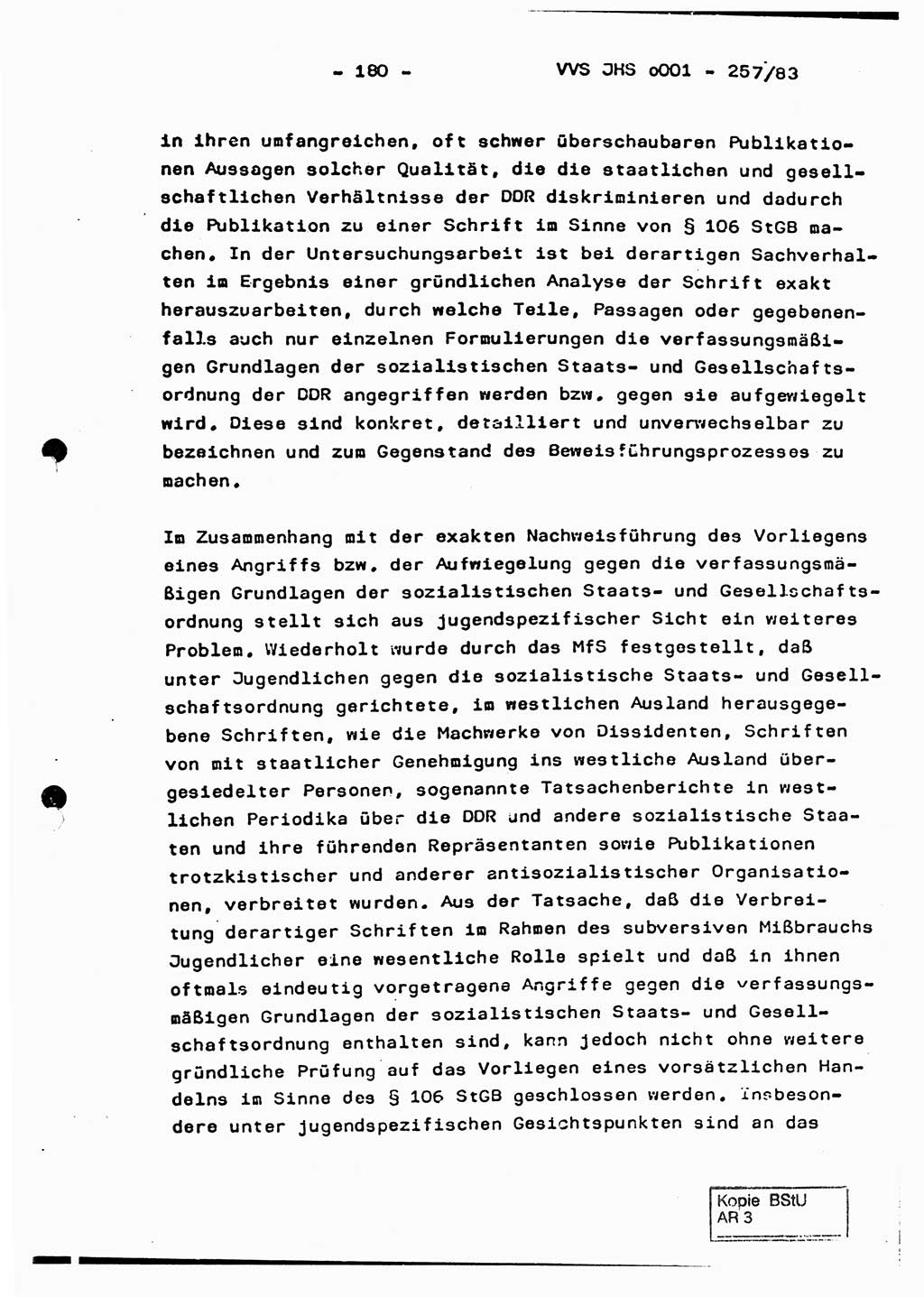Dissertation, Oberst Helmut Lubas (BV Mdg.), Oberstleutnant Manfred Eschberger (HA IX), Oberleutnant Hans-Jürgen Ludwig (JHS), Ministerium für Staatssicherheit (MfS) [Deutsche Demokratische Republik (DDR)], Juristische Hochschule (JHS), Vertrauliche Verschlußsache (VVS) o001-257/83, Potsdam 1983, Seite 180 (Diss. MfS DDR JHS VVS o001-257/83 1983, S. 180)