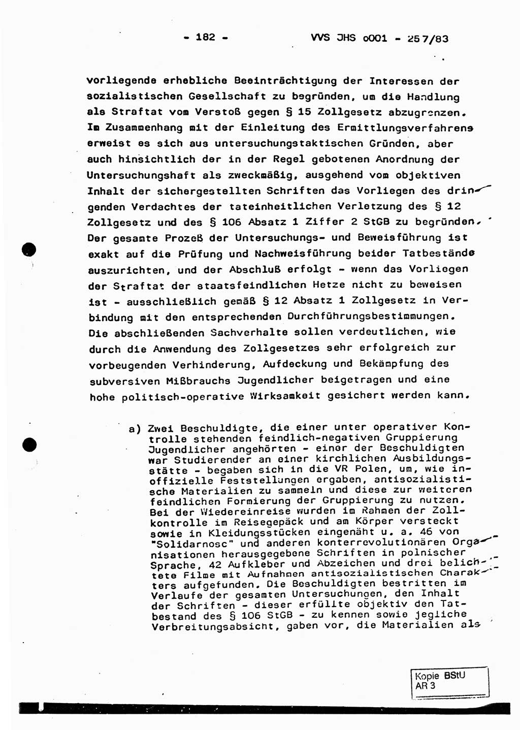 Dissertation, Oberst Helmut Lubas (BV Mdg.), Oberstleutnant Manfred Eschberger (HA IX), Oberleutnant Hans-Jürgen Ludwig (JHS), Ministerium für Staatssicherheit (MfS) [Deutsche Demokratische Republik (DDR)], Juristische Hochschule (JHS), Vertrauliche Verschlußsache (VVS) o001-257/83, Potsdam 1983, Seite 182 (Diss. MfS DDR JHS VVS o001-257/83 1983, S. 182)