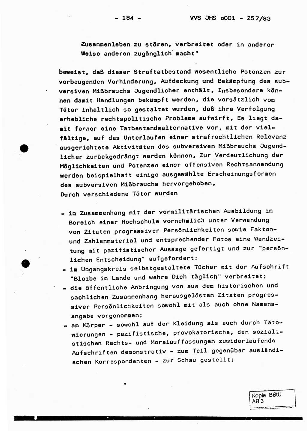 Dissertation, Oberst Helmut Lubas (BV Mdg.), Oberstleutnant Manfred Eschberger (HA IX), Oberleutnant Hans-Jürgen Ludwig (JHS), Ministerium für Staatssicherheit (MfS) [Deutsche Demokratische Republik (DDR)], Juristische Hochschule (JHS), Vertrauliche Verschlußsache (VVS) o001-257/83, Potsdam 1983, Seite 184 (Diss. MfS DDR JHS VVS o001-257/83 1983, S. 184)