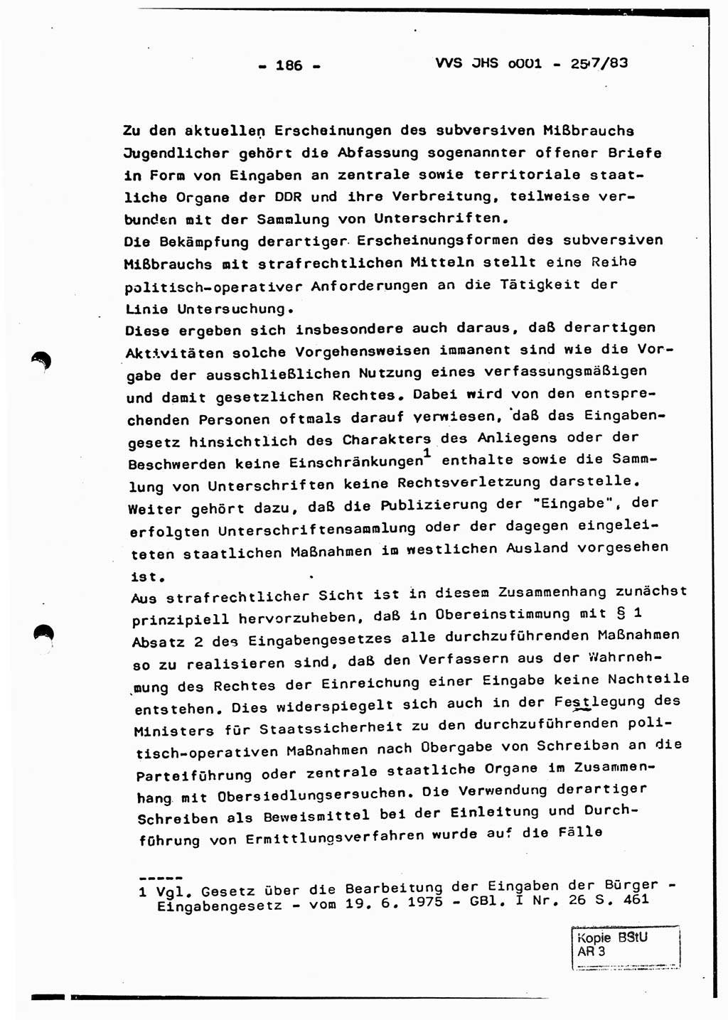 Dissertation, Oberst Helmut Lubas (BV Mdg.), Oberstleutnant Manfred Eschberger (HA IX), Oberleutnant Hans-Jürgen Ludwig (JHS), Ministerium für Staatssicherheit (MfS) [Deutsche Demokratische Republik (DDR)], Juristische Hochschule (JHS), Vertrauliche Verschlußsache (VVS) o001-257/83, Potsdam 1983, Seite 186 (Diss. MfS DDR JHS VVS o001-257/83 1983, S. 186)