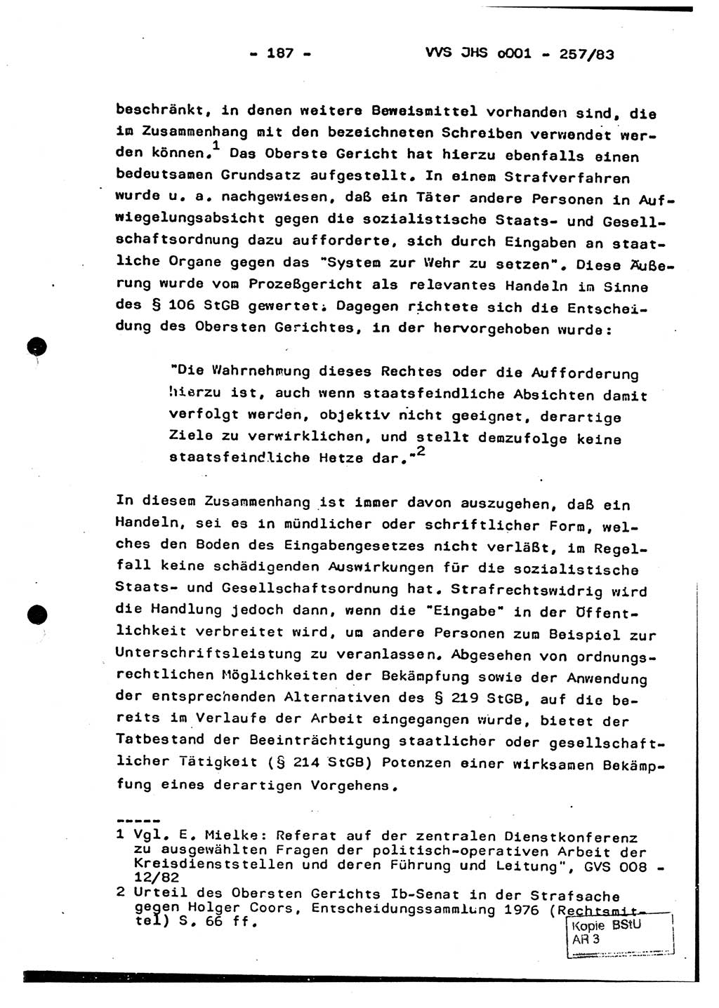 Dissertation, Oberst Helmut Lubas (BV Mdg.), Oberstleutnant Manfred Eschberger (HA IX), Oberleutnant Hans-Jürgen Ludwig (JHS), Ministerium für Staatssicherheit (MfS) [Deutsche Demokratische Republik (DDR)], Juristische Hochschule (JHS), Vertrauliche Verschlußsache (VVS) o001-257/83, Potsdam 1983, Seite 187 (Diss. MfS DDR JHS VVS o001-257/83 1983, S. 187)