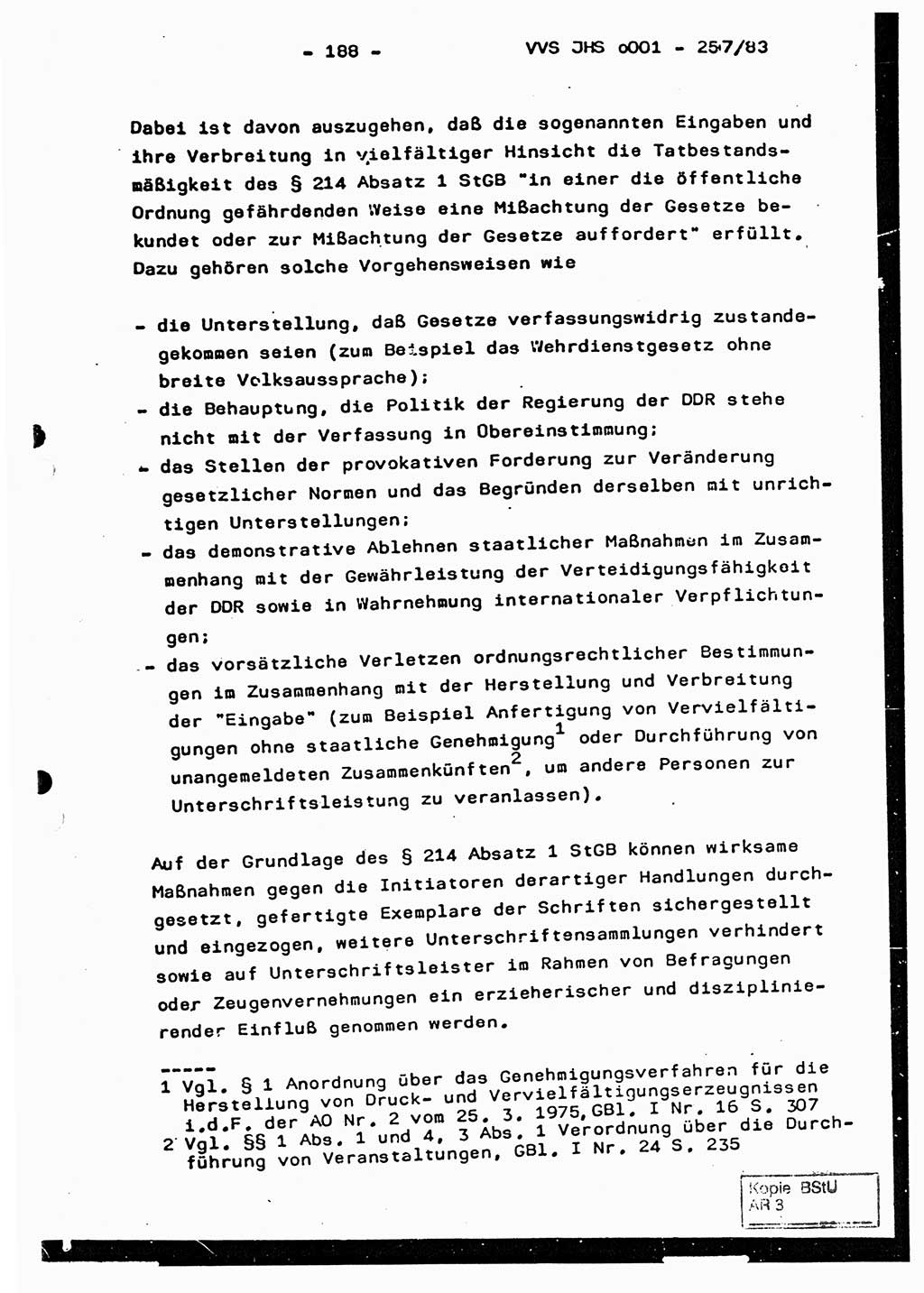 Dissertation, Oberst Helmut Lubas (BV Mdg.), Oberstleutnant Manfred Eschberger (HA IX), Oberleutnant Hans-Jürgen Ludwig (JHS), Ministerium für Staatssicherheit (MfS) [Deutsche Demokratische Republik (DDR)], Juristische Hochschule (JHS), Vertrauliche Verschlußsache (VVS) o001-257/83, Potsdam 1983, Seite 188 (Diss. MfS DDR JHS VVS o001-257/83 1983, S. 188)