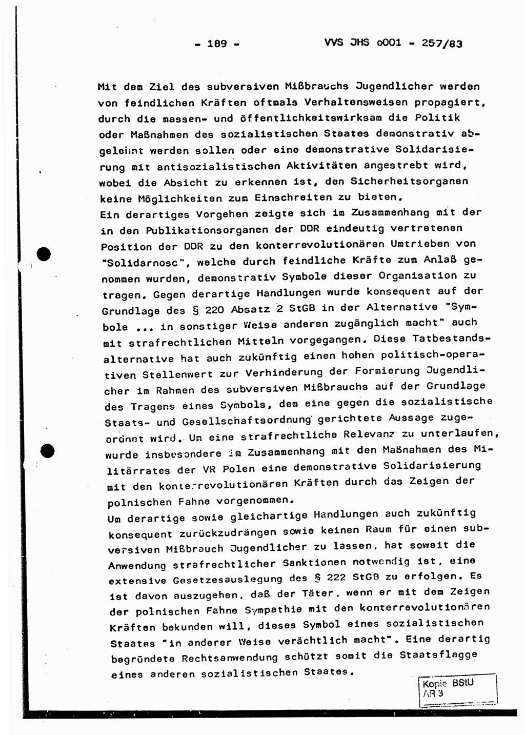 Dissertation, Oberst Helmut Lubas (BV Mdg.), Oberstleutnant Manfred Eschberger (HA IX), Oberleutnant Hans-Jürgen Ludwig (JHS), Ministerium für Staatssicherheit (MfS) [Deutsche Demokratische Republik (DDR)], Juristische Hochschule (JHS), Vertrauliche Verschlußsache (VVS) o001-257/83, Potsdam 1983, Seite 189 (Diss. MfS DDR JHS VVS o001-257/83 1983, S. 189)