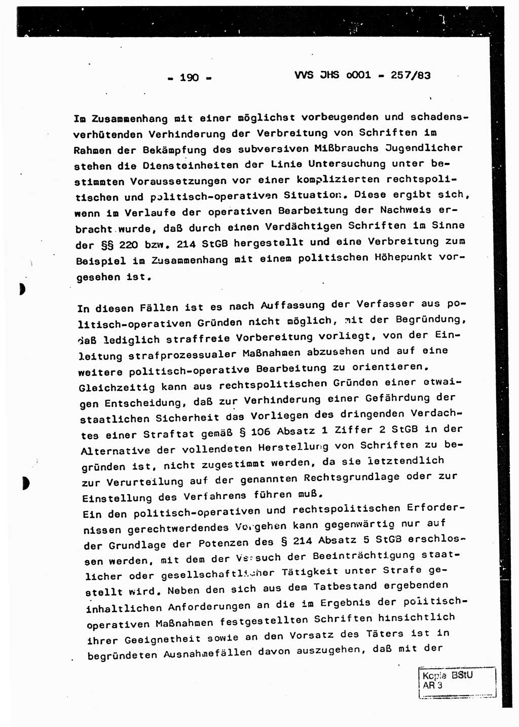 Dissertation, Oberst Helmut Lubas (BV Mdg.), Oberstleutnant Manfred Eschberger (HA IX), Oberleutnant Hans-Jürgen Ludwig (JHS), Ministerium für Staatssicherheit (MfS) [Deutsche Demokratische Republik (DDR)], Juristische Hochschule (JHS), Vertrauliche Verschlußsache (VVS) o001-257/83, Potsdam 1983, Seite 190 (Diss. MfS DDR JHS VVS o001-257/83 1983, S. 190)