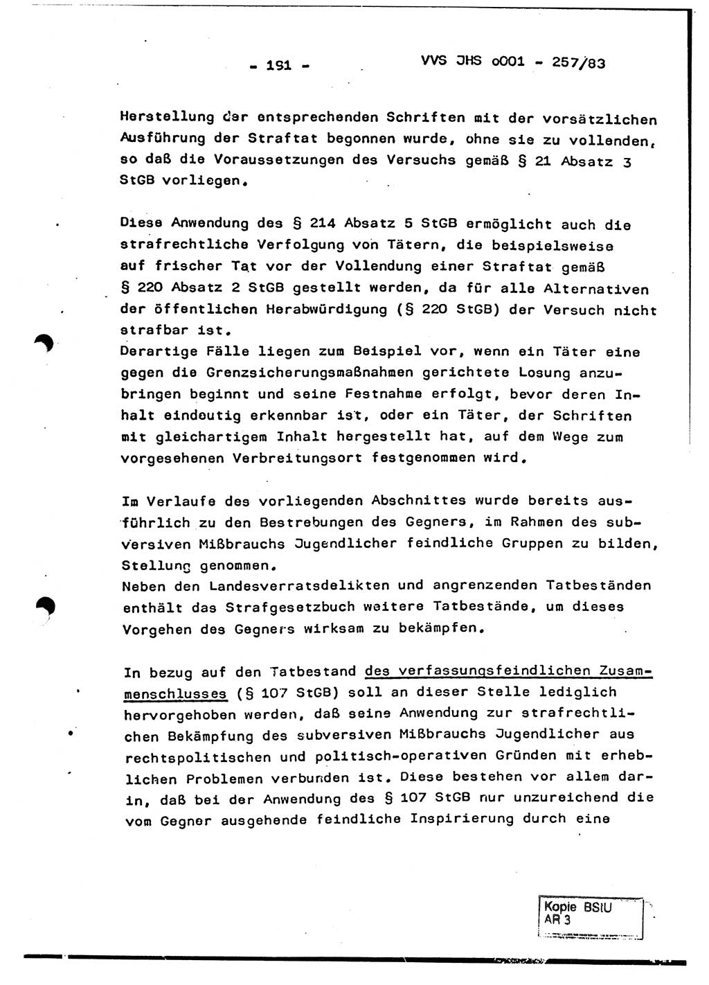 Dissertation, Oberst Helmut Lubas (BV Mdg.), Oberstleutnant Manfred Eschberger (HA IX), Oberleutnant Hans-Jürgen Ludwig (JHS), Ministerium für Staatssicherheit (MfS) [Deutsche Demokratische Republik (DDR)], Juristische Hochschule (JHS), Vertrauliche Verschlußsache (VVS) o001-257/83, Potsdam 1983, Seite 191 (Diss. MfS DDR JHS VVS o001-257/83 1983, S. 191)