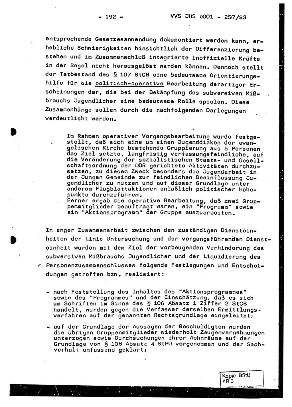 Dissertation, Oberst Helmut Lubas (BV Mdg.), Oberstleutnant Manfred Eschberger (HA IX), Oberleutnant Hans-Jürgen Ludwig (JHS), Ministerium für Staatssicherheit (MfS) [Deutsche Demokratische Republik (DDR)], Juristische Hochschule (JHS), Vertrauliche Verschlußsache (VVS) o001-257/83, Potsdam 1983, Seite 192 (Diss. MfS DDR JHS VVS o001-257/83 1983, S. 192)