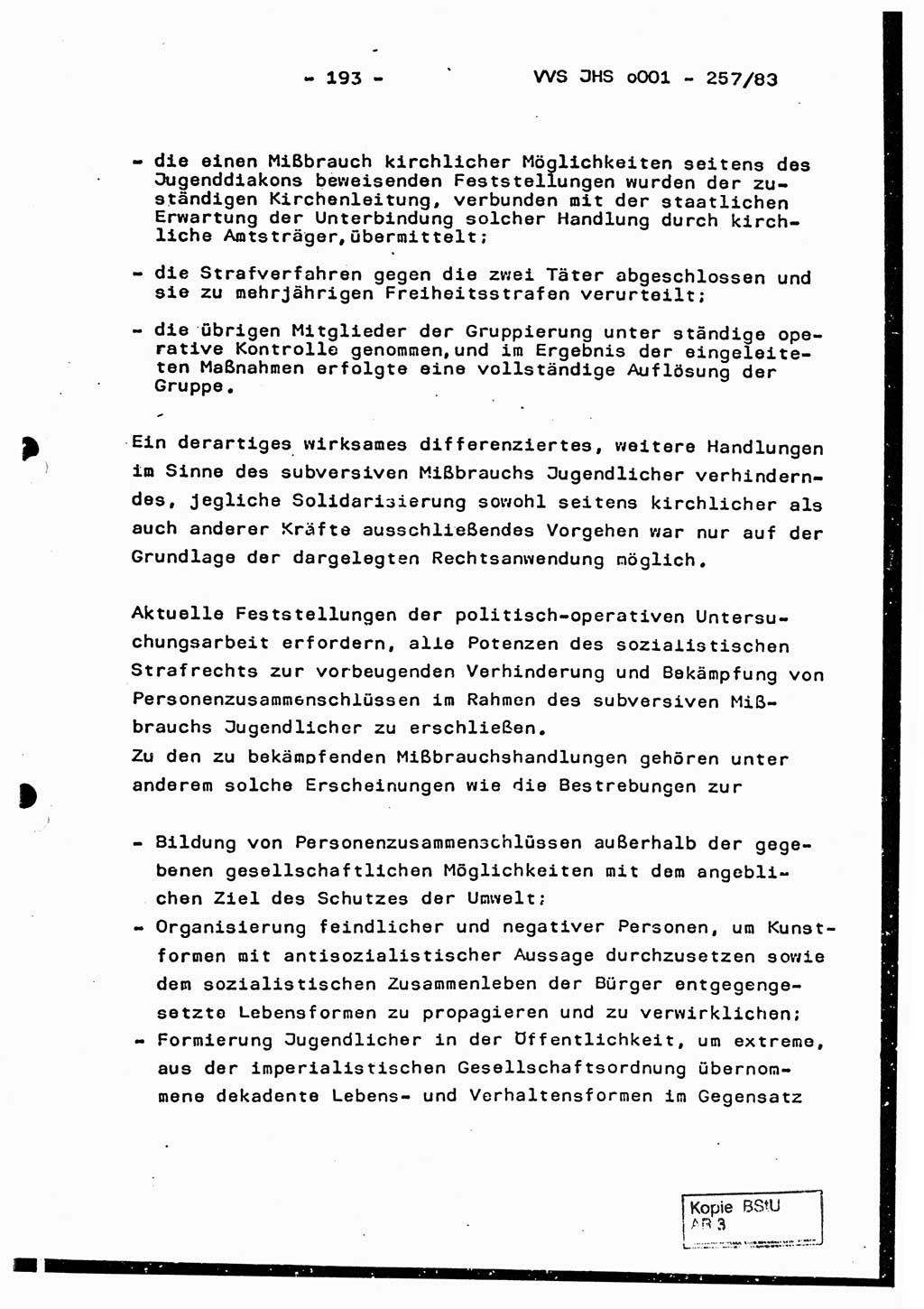 Dissertation, Oberst Helmut Lubas (BV Mdg.), Oberstleutnant Manfred Eschberger (HA IX), Oberleutnant Hans-Jürgen Ludwig (JHS), Ministerium für Staatssicherheit (MfS) [Deutsche Demokratische Republik (DDR)], Juristische Hochschule (JHS), Vertrauliche Verschlußsache (VVS) o001-257/83, Potsdam 1983, Seite 193 (Diss. MfS DDR JHS VVS o001-257/83 1983, S. 193)