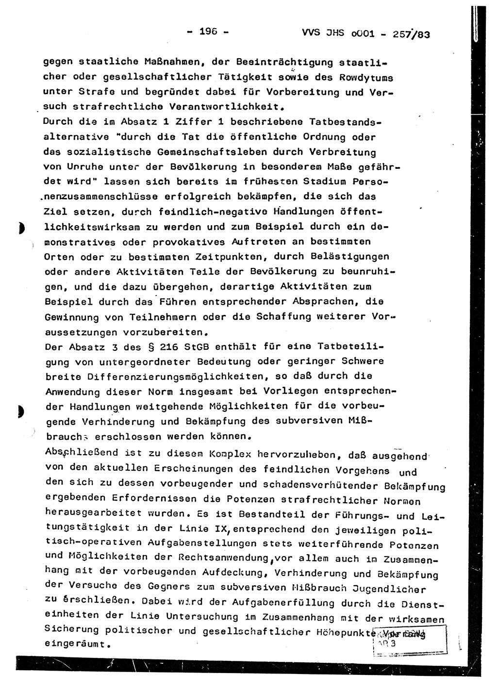 Dissertation, Oberst Helmut Lubas (BV Mdg.), Oberstleutnant Manfred Eschberger (HA IX), Oberleutnant Hans-Jürgen Ludwig (JHS), Ministerium für Staatssicherheit (MfS) [Deutsche Demokratische Republik (DDR)], Juristische Hochschule (JHS), Vertrauliche Verschlußsache (VVS) o001-257/83, Potsdam 1983, Seite 196 (Diss. MfS DDR JHS VVS o001-257/83 1983, S. 196)