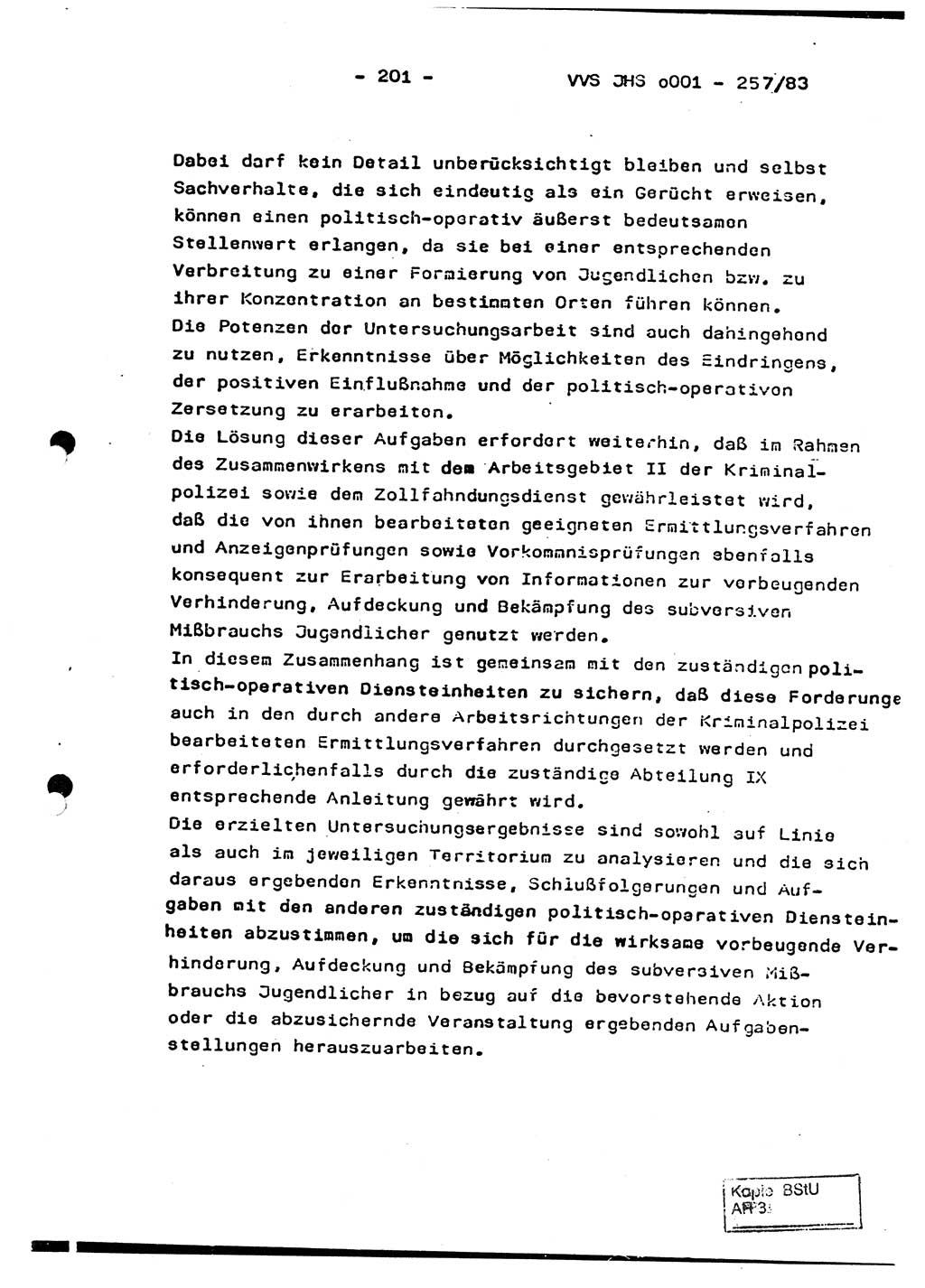 Dissertation, Oberst Helmut Lubas (BV Mdg.), Oberstleutnant Manfred Eschberger (HA IX), Oberleutnant Hans-Jürgen Ludwig (JHS), Ministerium für Staatssicherheit (MfS) [Deutsche Demokratische Republik (DDR)], Juristische Hochschule (JHS), Vertrauliche Verschlußsache (VVS) o001-257/83, Potsdam 1983, Seite 201 (Diss. MfS DDR JHS VVS o001-257/83 1983, S. 201)
