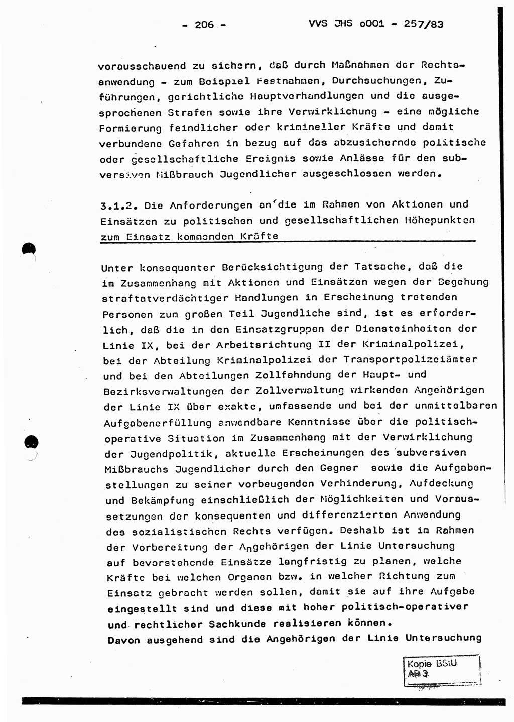 Dissertation, Oberst Helmut Lubas (BV Mdg.), Oberstleutnant Manfred Eschberger (HA IX), Oberleutnant Hans-Jürgen Ludwig (JHS), Ministerium für Staatssicherheit (MfS) [Deutsche Demokratische Republik (DDR)], Juristische Hochschule (JHS), Vertrauliche Verschlußsache (VVS) o001-257/83, Potsdam 1983, Seite 206 (Diss. MfS DDR JHS VVS o001-257/83 1983, S. 206)
