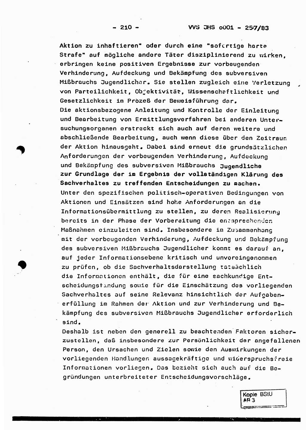 Dissertation, Oberst Helmut Lubas (BV Mdg.), Oberstleutnant Manfred Eschberger (HA IX), Oberleutnant Hans-Jürgen Ludwig (JHS), Ministerium für Staatssicherheit (MfS) [Deutsche Demokratische Republik (DDR)], Juristische Hochschule (JHS), Vertrauliche Verschlußsache (VVS) o001-257/83, Potsdam 1983, Seite 210 (Diss. MfS DDR JHS VVS o001-257/83 1983, S. 210)