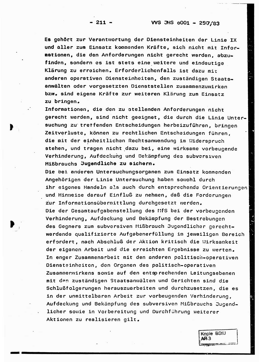Dissertation, Oberst Helmut Lubas (BV Mdg.), Oberstleutnant Manfred Eschberger (HA IX), Oberleutnant Hans-Jürgen Ludwig (JHS), Ministerium für Staatssicherheit (MfS) [Deutsche Demokratische Republik (DDR)], Juristische Hochschule (JHS), Vertrauliche Verschlußsache (VVS) o001-257/83, Potsdam 1983, Seite 211 (Diss. MfS DDR JHS VVS o001-257/83 1983, S. 211)