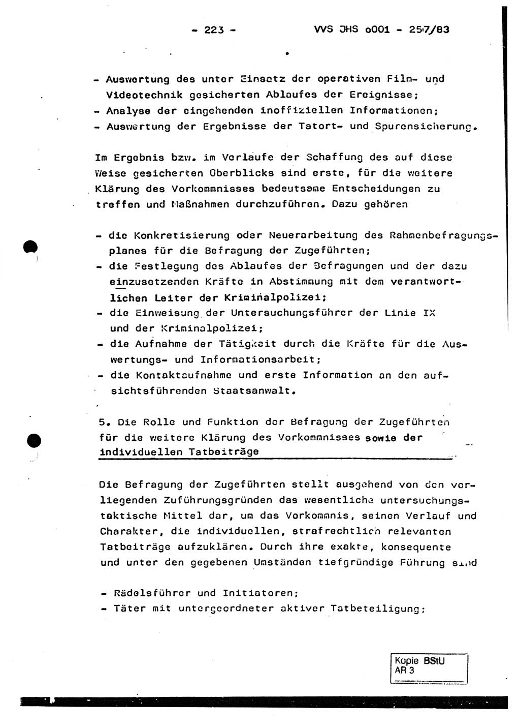 Dissertation, Oberst Helmut Lubas (BV Mdg.), Oberstleutnant Manfred Eschberger (HA IX), Oberleutnant Hans-Jürgen Ludwig (JHS), Ministerium für Staatssicherheit (MfS) [Deutsche Demokratische Republik (DDR)], Juristische Hochschule (JHS), Vertrauliche Verschlußsache (VVS) o001-257/83, Potsdam 1983, Seite 223 (Diss. MfS DDR JHS VVS o001-257/83 1983, S. 223)