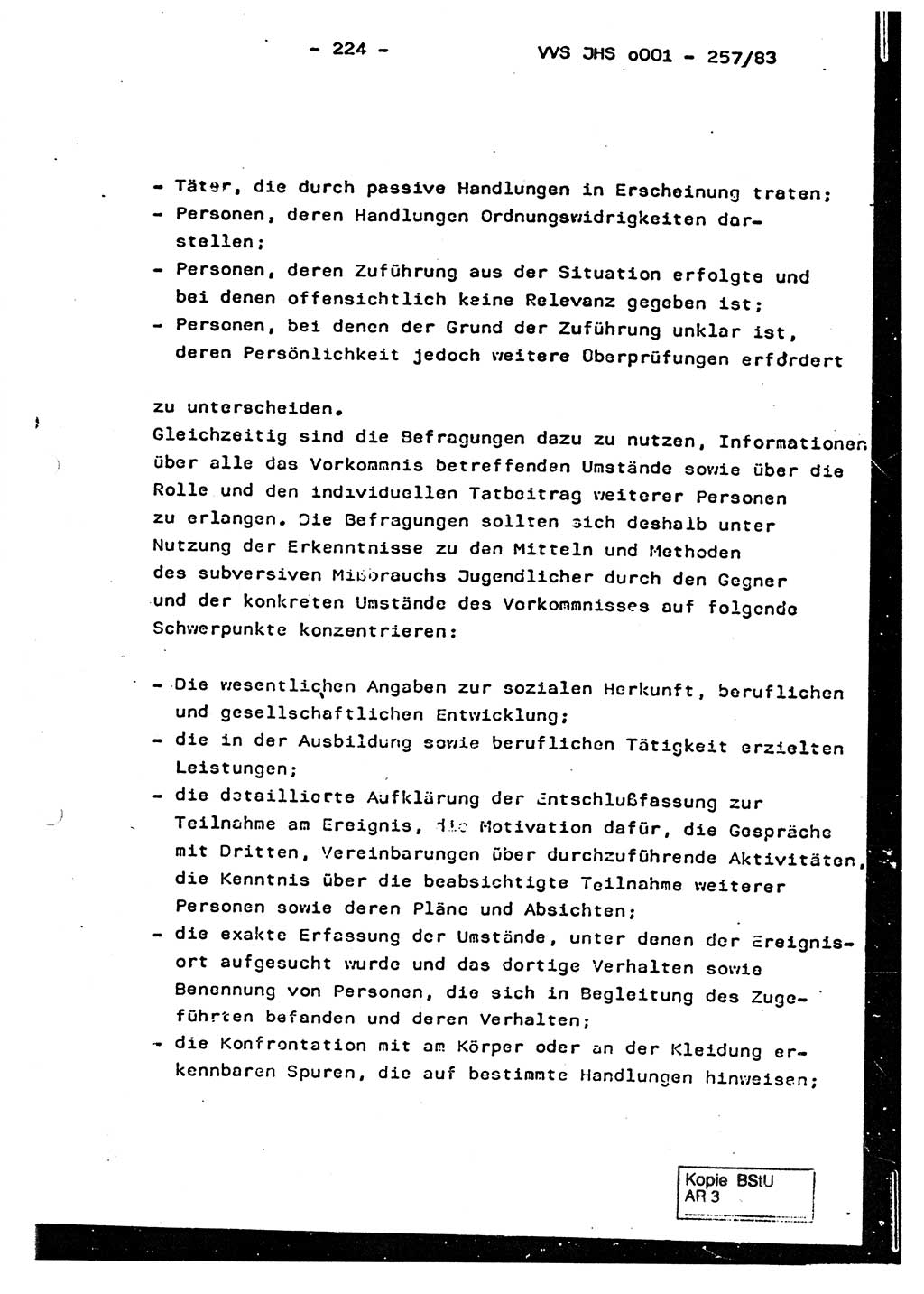Dissertation, Oberst Helmut Lubas (BV Mdg.), Oberstleutnant Manfred Eschberger (HA IX), Oberleutnant Hans-Jürgen Ludwig (JHS), Ministerium für Staatssicherheit (MfS) [Deutsche Demokratische Republik (DDR)], Juristische Hochschule (JHS), Vertrauliche Verschlußsache (VVS) o001-257/83, Potsdam 1983, Seite 224 (Diss. MfS DDR JHS VVS o001-257/83 1983, S. 224)