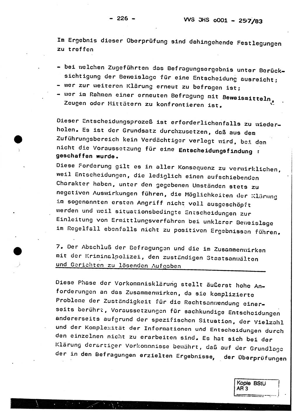 Dissertation, Oberst Helmut Lubas (BV Mdg.), Oberstleutnant Manfred Eschberger (HA IX), Oberleutnant Hans-Jürgen Ludwig (JHS), Ministerium für Staatssicherheit (MfS) [Deutsche Demokratische Republik (DDR)], Juristische Hochschule (JHS), Vertrauliche Verschlußsache (VVS) o001-257/83, Potsdam 1983, Seite 226 (Diss. MfS DDR JHS VVS o001-257/83 1983, S. 226)