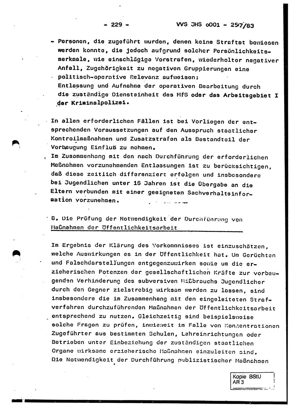 Dissertation, Oberst Helmut Lubas (BV Mdg.), Oberstleutnant Manfred Eschberger (HA IX), Oberleutnant Hans-Jürgen Ludwig (JHS), Ministerium für Staatssicherheit (MfS) [Deutsche Demokratische Republik (DDR)], Juristische Hochschule (JHS), Vertrauliche Verschlußsache (VVS) o001-257/83, Potsdam 1983, Seite 229 (Diss. MfS DDR JHS VVS o001-257/83 1983, S. 229)