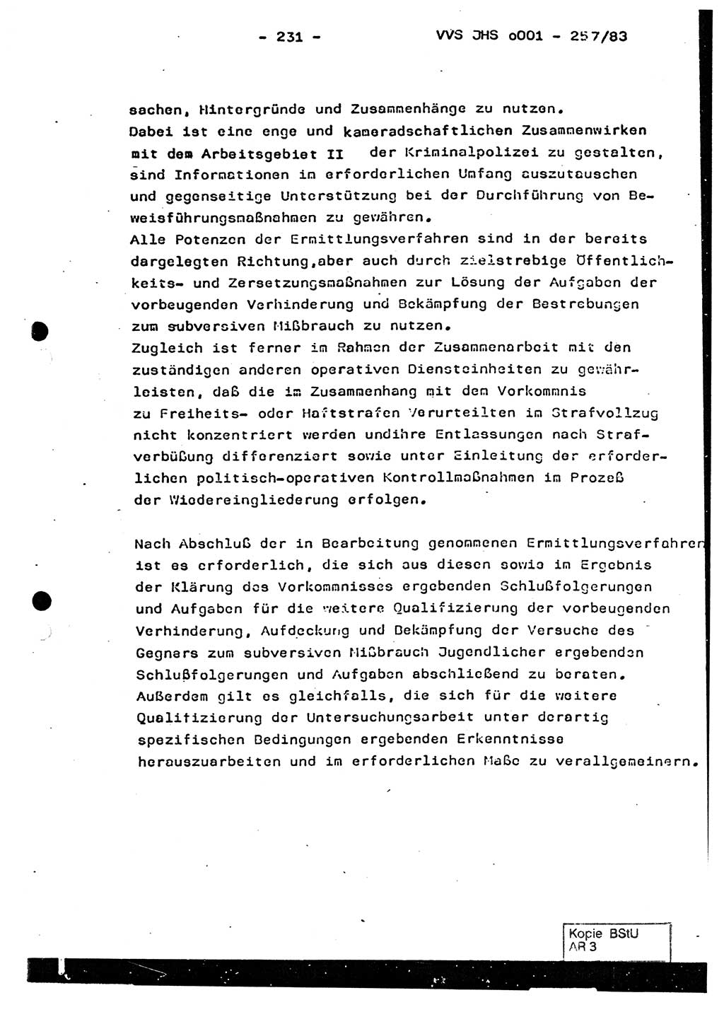 Dissertation, Oberst Helmut Lubas (BV Mdg.), Oberstleutnant Manfred Eschberger (HA IX), Oberleutnant Hans-Jürgen Ludwig (JHS), Ministerium für Staatssicherheit (MfS) [Deutsche Demokratische Republik (DDR)], Juristische Hochschule (JHS), Vertrauliche Verschlußsache (VVS) o001-257/83, Potsdam 1983, Seite 231 (Diss. MfS DDR JHS VVS o001-257/83 1983, S. 231)