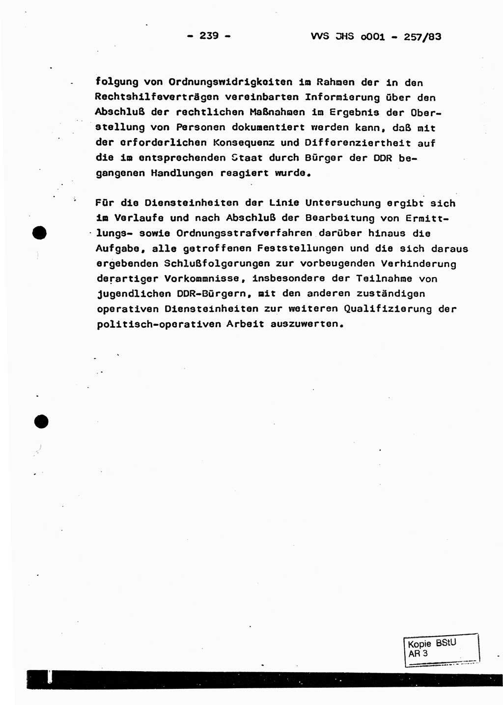 Dissertation, Oberst Helmut Lubas (BV Mdg.), Oberstleutnant Manfred Eschberger (HA IX), Oberleutnant Hans-Jürgen Ludwig (JHS), Ministerium für Staatssicherheit (MfS) [Deutsche Demokratische Republik (DDR)], Juristische Hochschule (JHS), Vertrauliche Verschlußsache (VVS) o001-257/83, Potsdam 1983, Seite 239 (Diss. MfS DDR JHS VVS o001-257/83 1983, S. 239)