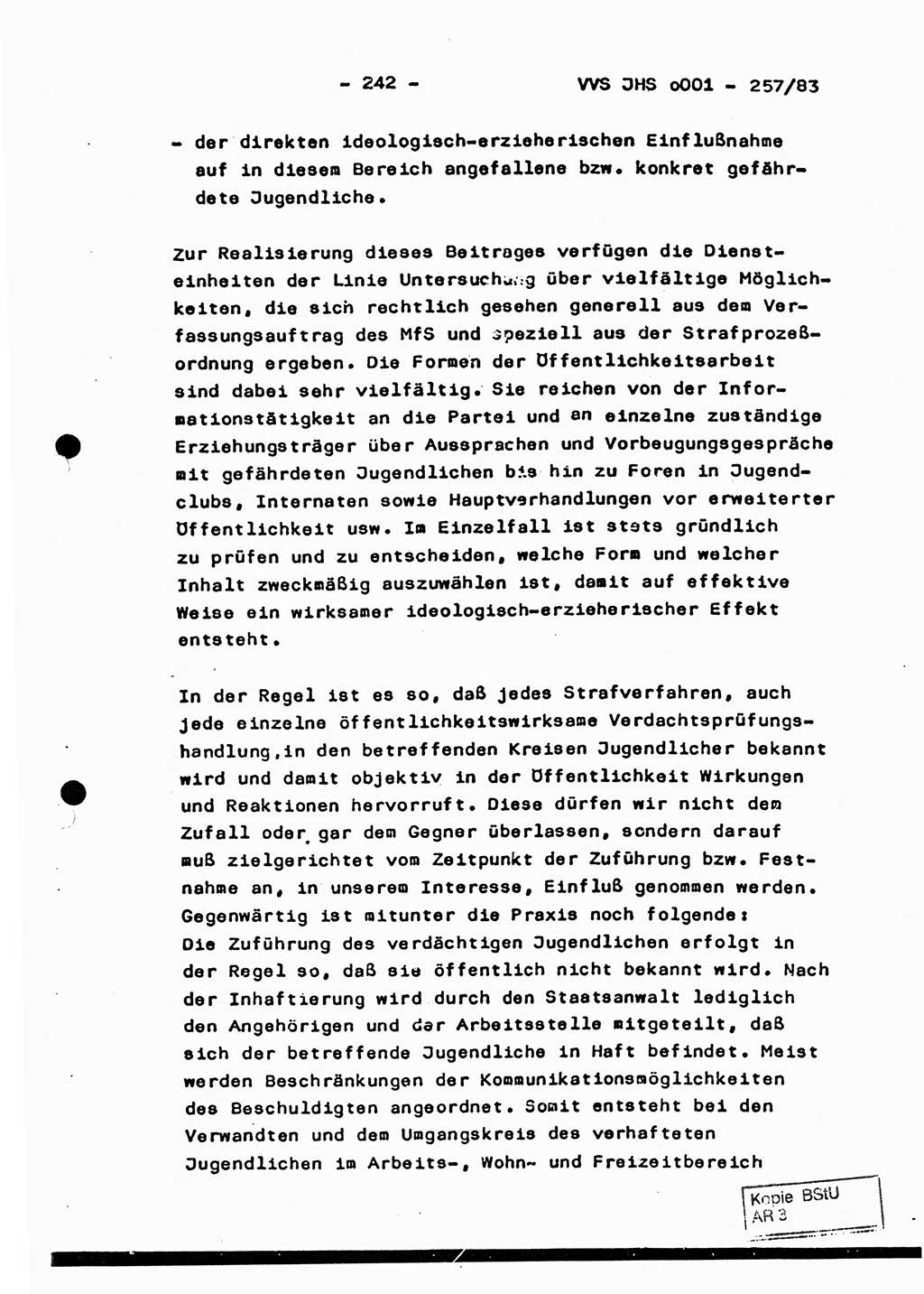 Dissertation, Oberst Helmut Lubas (BV Mdg.), Oberstleutnant Manfred Eschberger (HA IX), Oberleutnant Hans-Jürgen Ludwig (JHS), Ministerium für Staatssicherheit (MfS) [Deutsche Demokratische Republik (DDR)], Juristische Hochschule (JHS), Vertrauliche Verschlußsache (VVS) o001-257/83, Potsdam 1983, Seite 242 (Diss. MfS DDR JHS VVS o001-257/83 1983, S. 242)