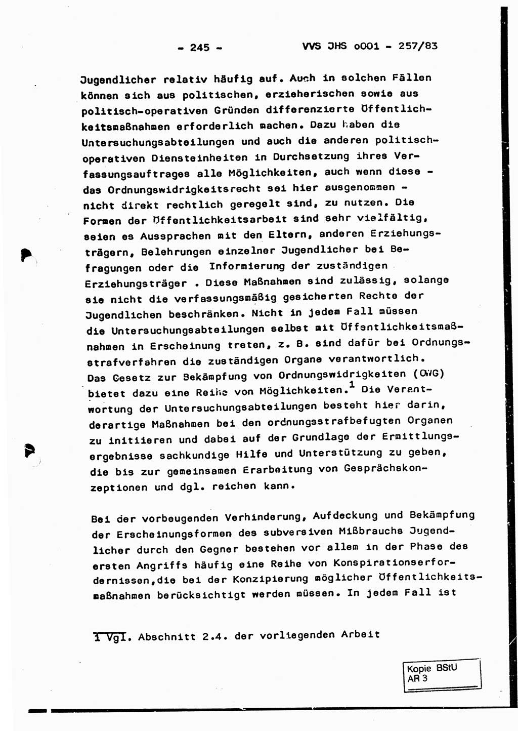 Dissertation, Oberst Helmut Lubas (BV Mdg.), Oberstleutnant Manfred Eschberger (HA IX), Oberleutnant Hans-Jürgen Ludwig (JHS), Ministerium für Staatssicherheit (MfS) [Deutsche Demokratische Republik (DDR)], Juristische Hochschule (JHS), Vertrauliche Verschlußsache (VVS) o001-257/83, Potsdam 1983, Seite 245 (Diss. MfS DDR JHS VVS o001-257/83 1983, S. 245)