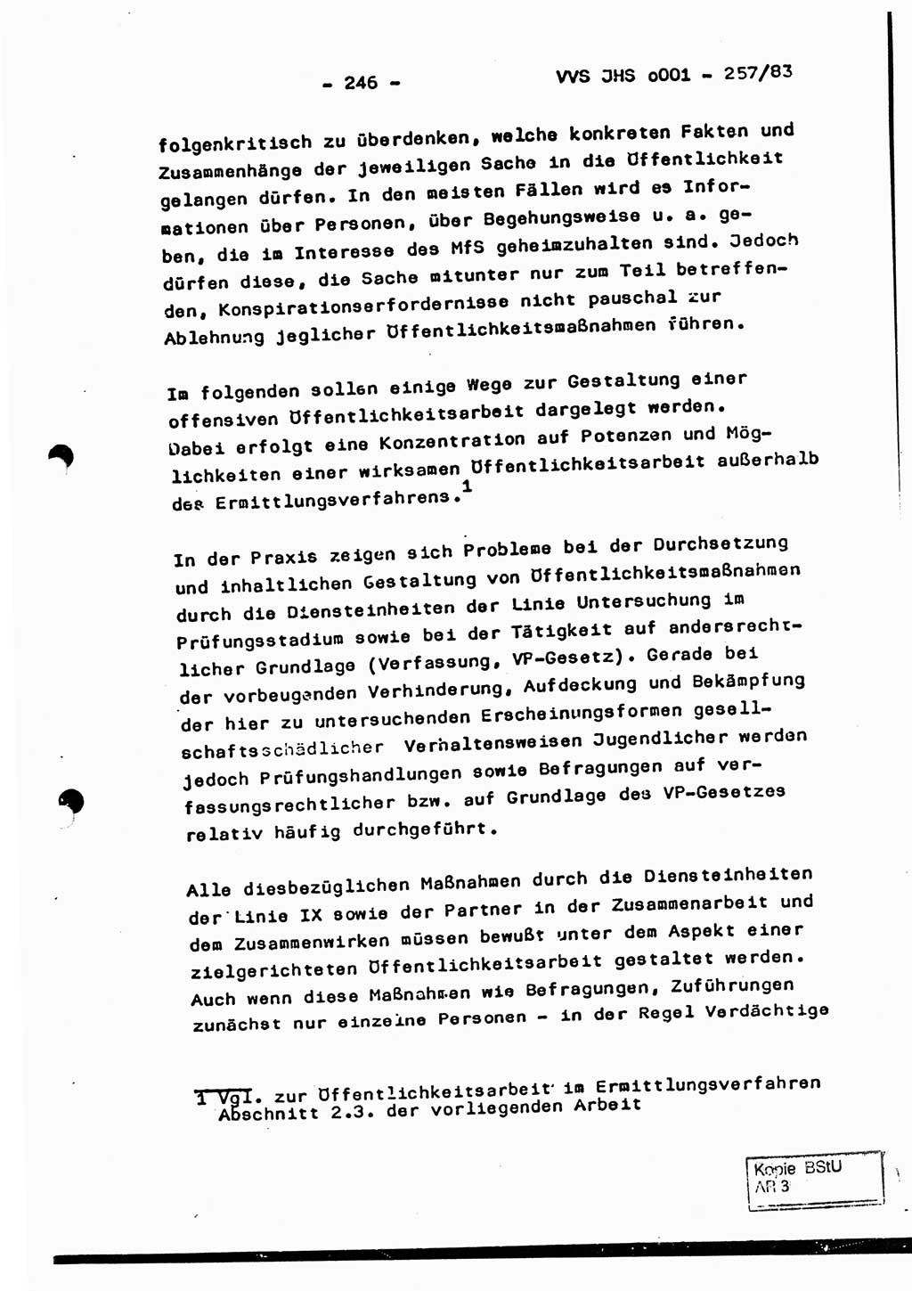 Dissertation, Oberst Helmut Lubas (BV Mdg.), Oberstleutnant Manfred Eschberger (HA IX), Oberleutnant Hans-Jürgen Ludwig (JHS), Ministerium für Staatssicherheit (MfS) [Deutsche Demokratische Republik (DDR)], Juristische Hochschule (JHS), Vertrauliche Verschlußsache (VVS) o001-257/83, Potsdam 1983, Seite 246 (Diss. MfS DDR JHS VVS o001-257/83 1983, S. 246)