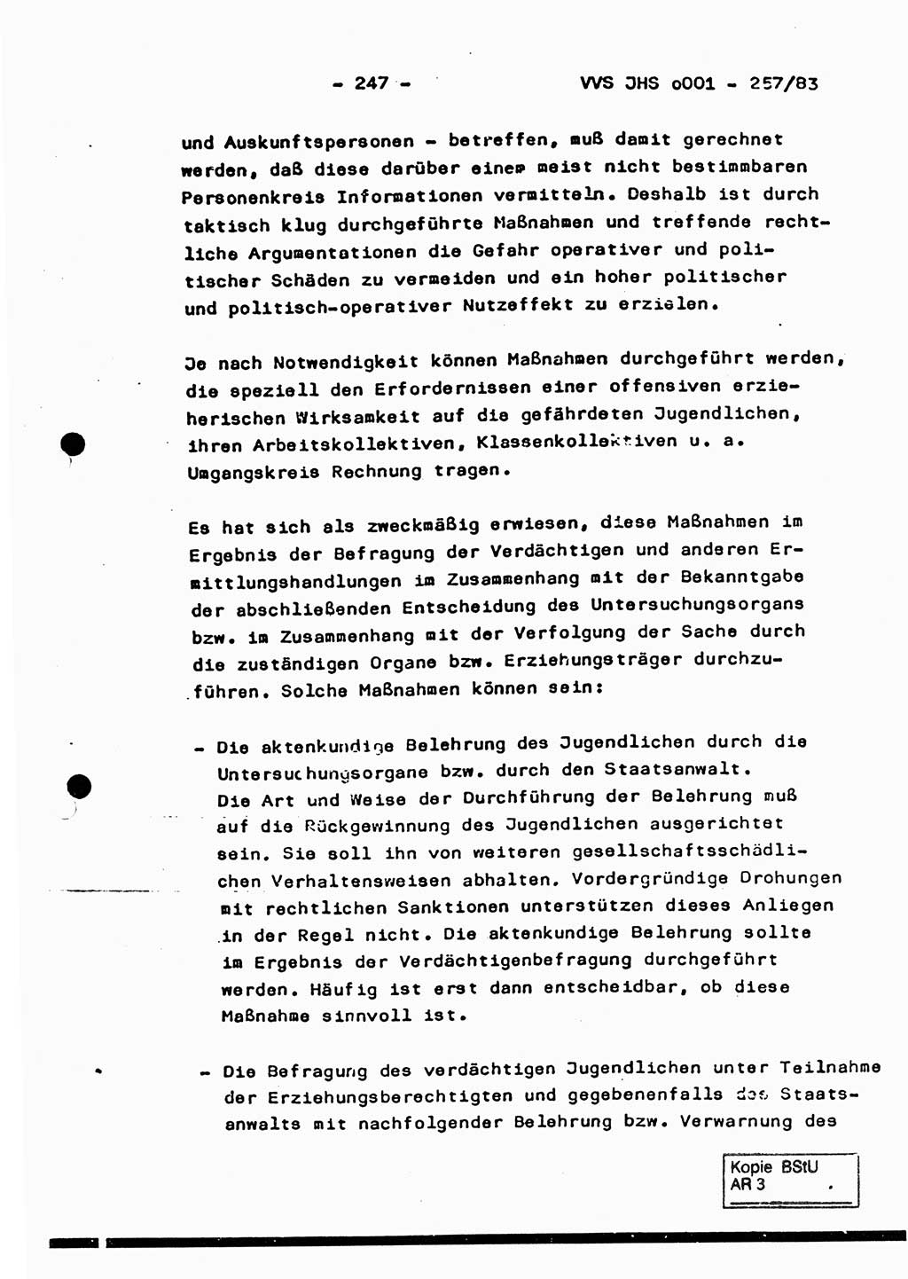 Dissertation, Oberst Helmut Lubas (BV Mdg.), Oberstleutnant Manfred Eschberger (HA IX), Oberleutnant Hans-Jürgen Ludwig (JHS), Ministerium für Staatssicherheit (MfS) [Deutsche Demokratische Republik (DDR)], Juristische Hochschule (JHS), Vertrauliche Verschlußsache (VVS) o001-257/83, Potsdam 1983, Seite 247 (Diss. MfS DDR JHS VVS o001-257/83 1983, S. 247)