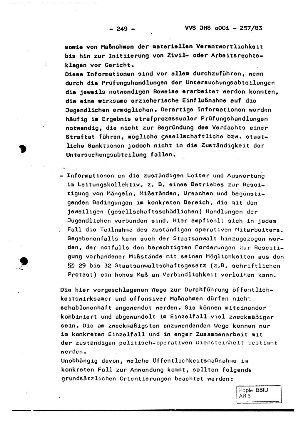 Dissertation, Oberst Helmut Lubas (BV Mdg.), Oberstleutnant Manfred Eschberger (HA IX), Oberleutnant Hans-Jürgen Ludwig (JHS), Ministerium für Staatssicherheit (MfS) [Deutsche Demokratische Republik (DDR)], Juristische Hochschule (JHS), Vertrauliche Verschlußsache (VVS) o001-257/83, Potsdam 1983, Seite 249 (Diss. MfS DDR JHS VVS o001-257/83 1983, S. 249)