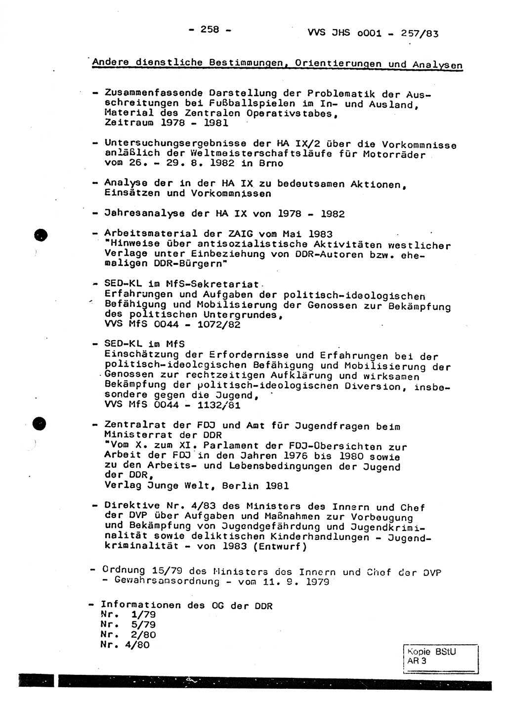 Dissertation, Oberst Helmut Lubas (BV Mdg.), Oberstleutnant Manfred Eschberger (HA IX), Oberleutnant Hans-Jürgen Ludwig (JHS), Ministerium für Staatssicherheit (MfS) [Deutsche Demokratische Republik (DDR)], Juristische Hochschule (JHS), Vertrauliche Verschlußsache (VVS) o001-257/83, Potsdam 1983, Seite 258 (Diss. MfS DDR JHS VVS o001-257/83 1983, S. 258)