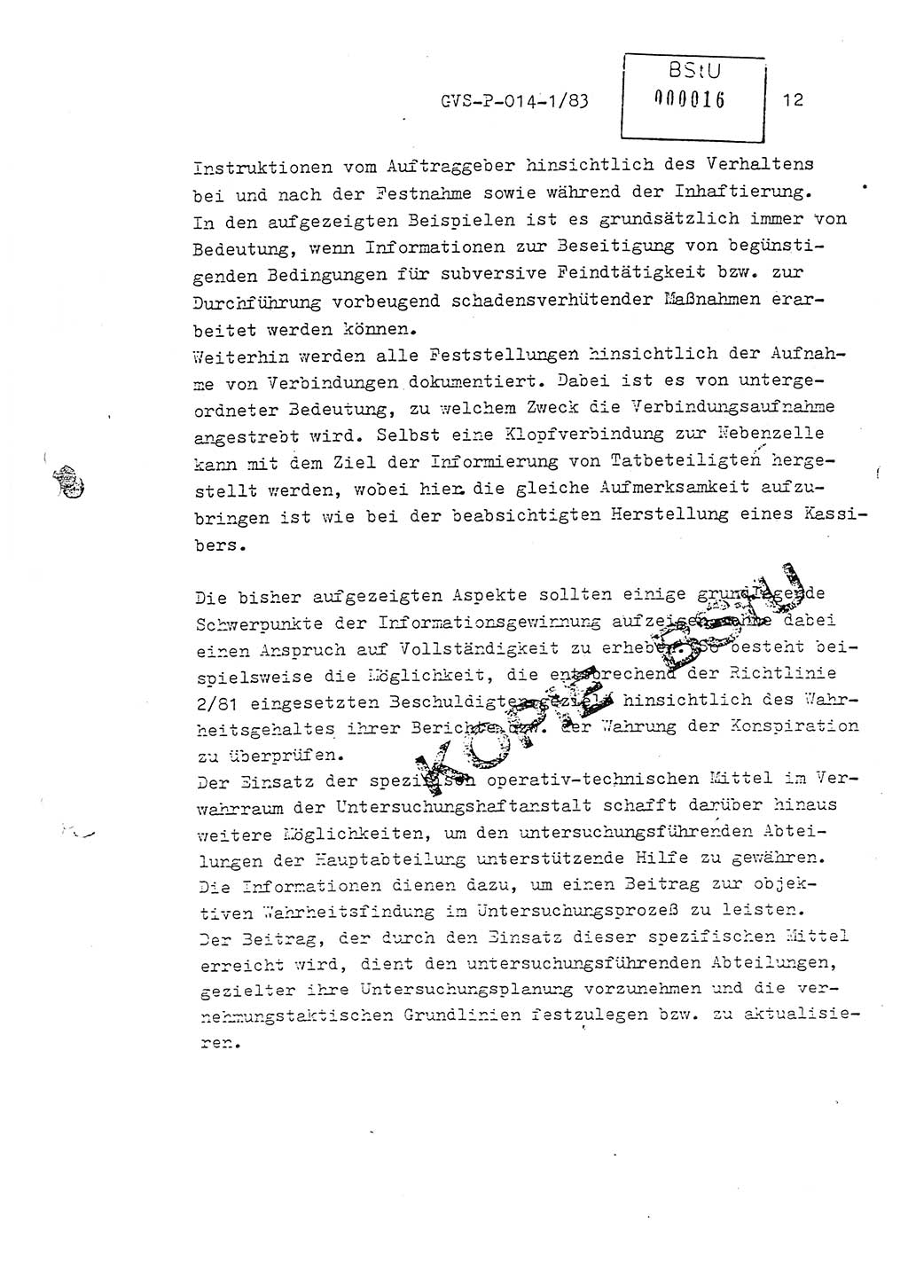 Fachschulabschlußarbeit Leutnant Dirk Autentrieb (HA Ⅸ/AKG), Ministerium für Staatssicherheit (MfS) [Deutsche Demokratische Republik (DDR)], Hauptabteilung (HA) Ⅸ, Geheime Verschlußsache (GVS) P-014-1/83, Berlin 1983, Blatt 12 (FS-Abschl.-Arb. MfS DDR HA Ⅸ GVS P-014-1/83 1983, Bl. 12)
