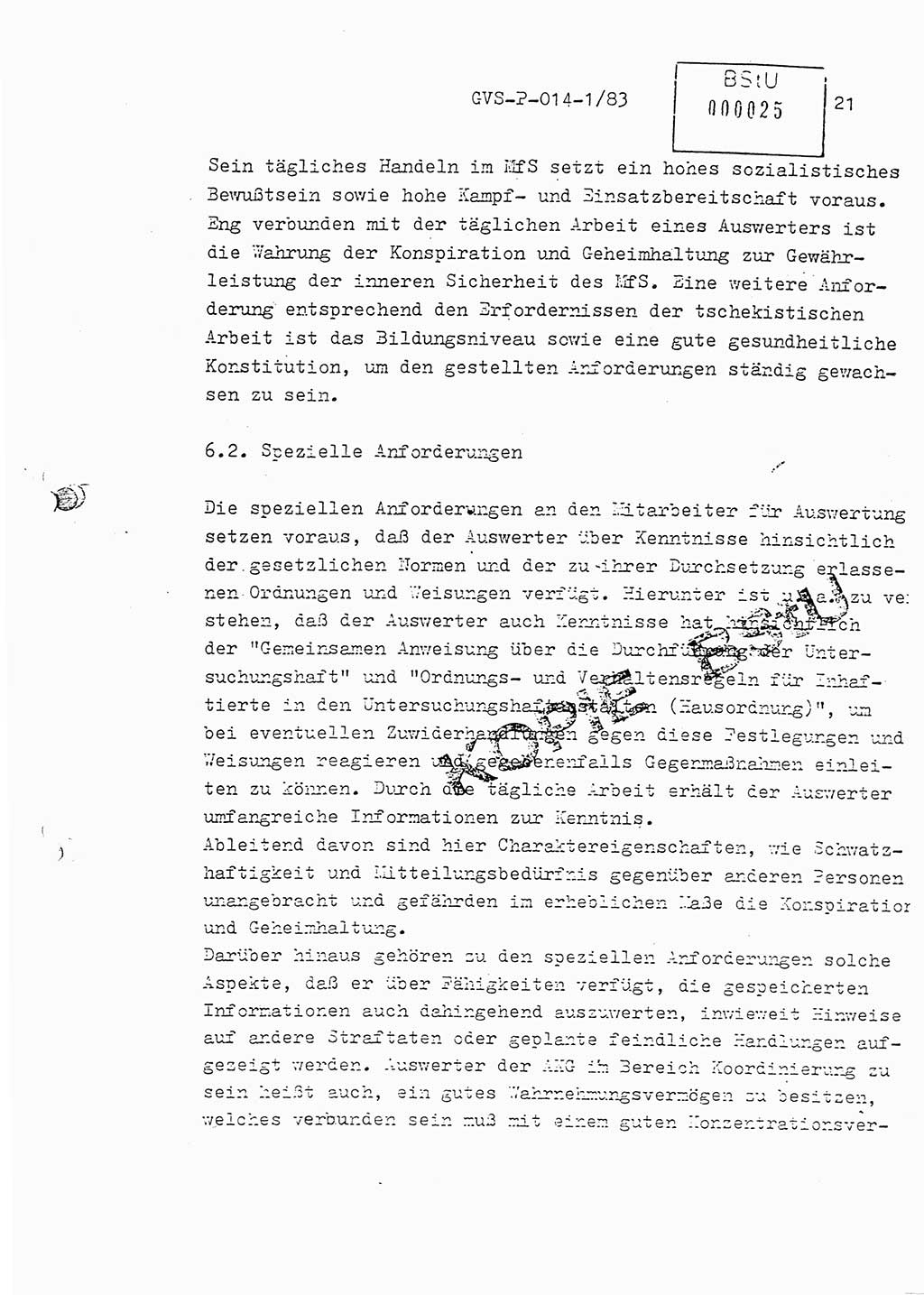Fachschulabschlußarbeit Leutnant Dirk Autentrieb (HA Ⅸ/AKG), Ministerium für Staatssicherheit (MfS) [Deutsche Demokratische Republik (DDR)], Hauptabteilung (HA) Ⅸ, Geheime Verschlußsache (GVS) P-014-1/83, Berlin 1983, Blatt 21 (FS-Abschl.-Arb. MfS DDR HA Ⅸ GVS P-014-1/83 1983, Bl. 21)