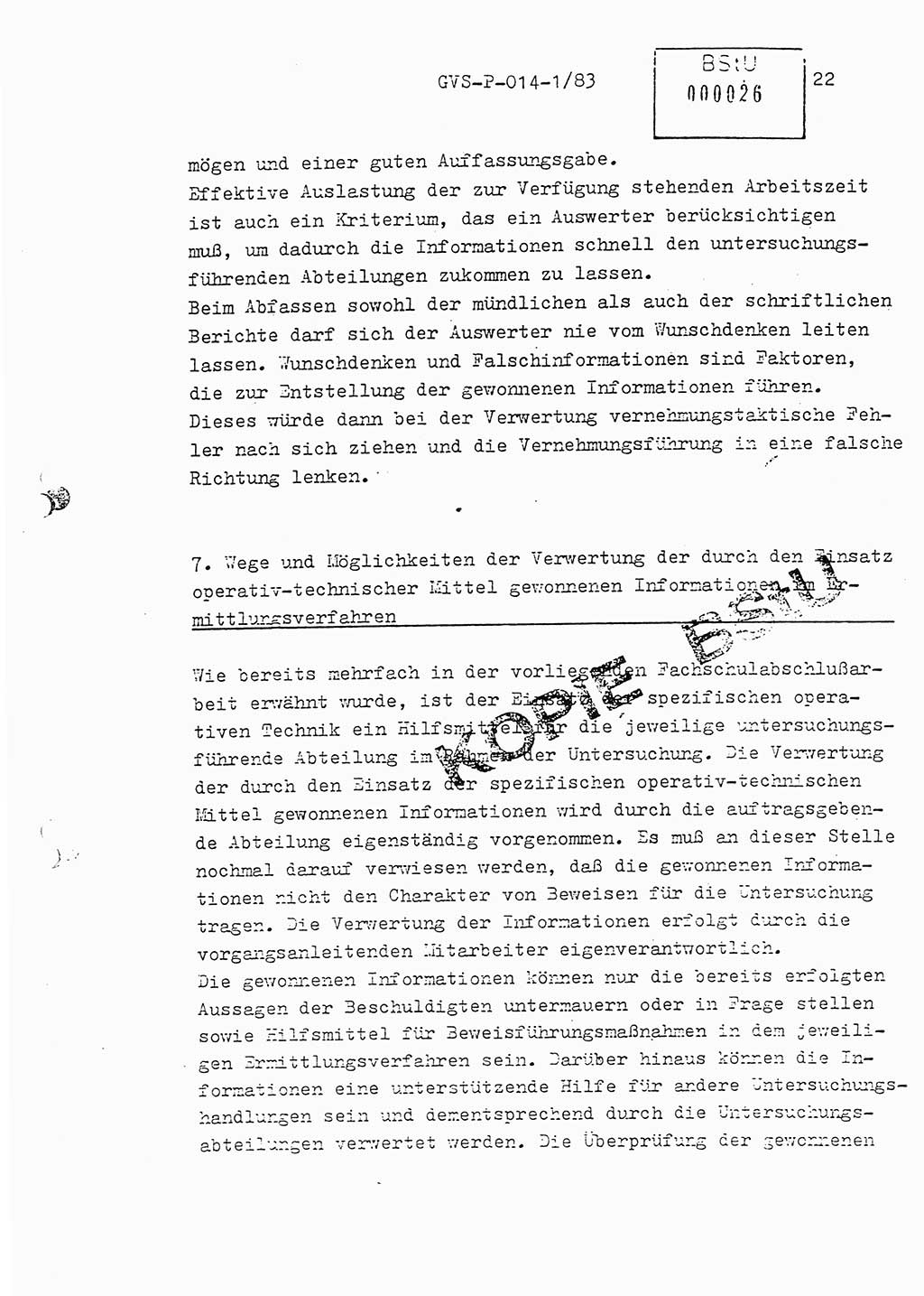 Fachschulabschlußarbeit Leutnant Dirk Autentrieb (HA Ⅸ/AKG), Ministerium für Staatssicherheit (MfS) [Deutsche Demokratische Republik (DDR)], Hauptabteilung (HA) Ⅸ, Geheime Verschlußsache (GVS) P-014-1/83, Berlin 1983, Blatt 22 (FS-Abschl.-Arb. MfS DDR HA Ⅸ GVS P-014-1/83 1983, Bl. 22)