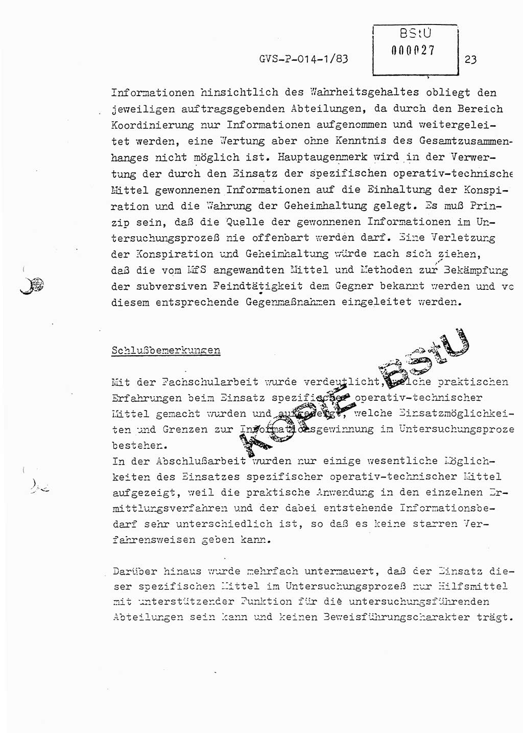 Fachschulabschlußarbeit Leutnant Dirk Autentrieb (HA Ⅸ/AKG), Ministerium für Staatssicherheit (MfS) [Deutsche Demokratische Republik (DDR)], Hauptabteilung (HA) Ⅸ, Geheime Verschlußsache (GVS) P-014-1/83, Berlin 1983, Blatt 23 (FS-Abschl.-Arb. MfS DDR HA Ⅸ GVS P-014-1/83 1983, Bl. 23)