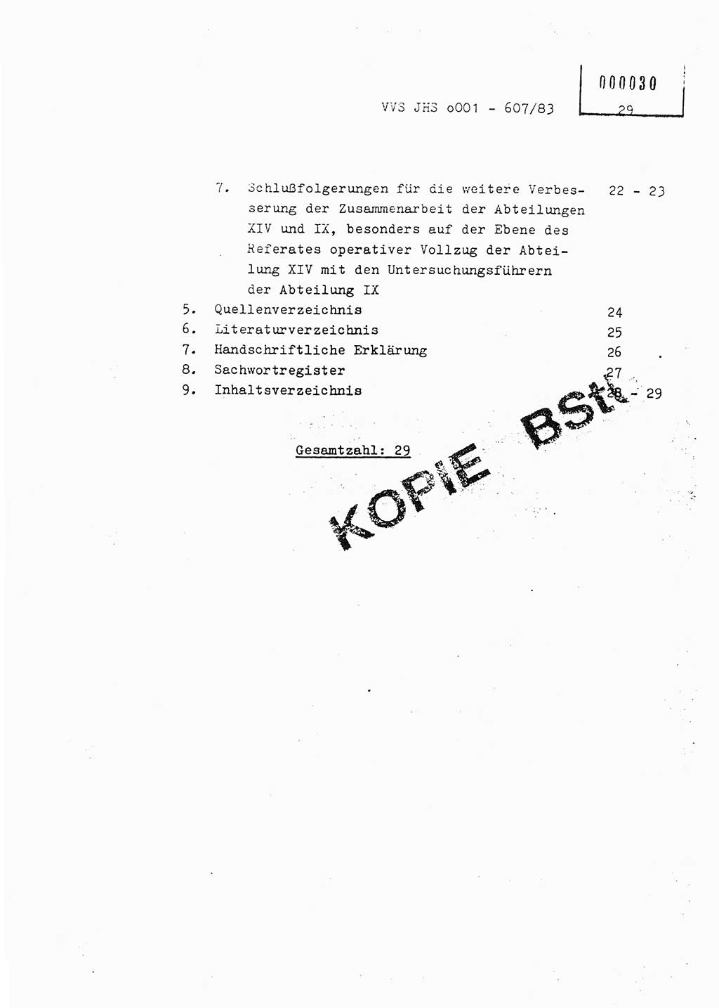 Fachschulabschlußarbeit Oberleutnant Hans-Joachim Saltmann (BV Rostock Abt. ⅩⅣ), Ministerium für Staatssicherheit (MfS) [Deutsche Demokratische Republik (DDR)], Juristische Hochschule (JHS), Vertrauliche Verschlußsache (VVS) o001-607/83, Potsdam 1983, Seite 29 (FS-Abschl.-Arb. MfS DDR JHS VVS o001-607/83 1983, S. 29)