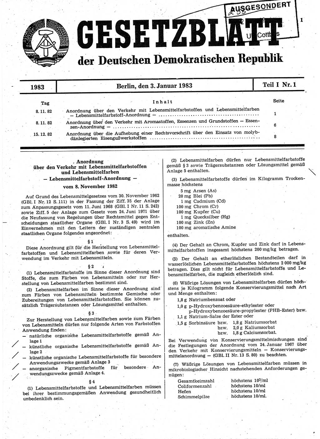 Gesetzblatt (GBl.) der Deutschen Demokratischen Republik (DDR) Teil Ⅰ 1983, Seite 1 (GBl. DDR Ⅰ 1983, S. 1)