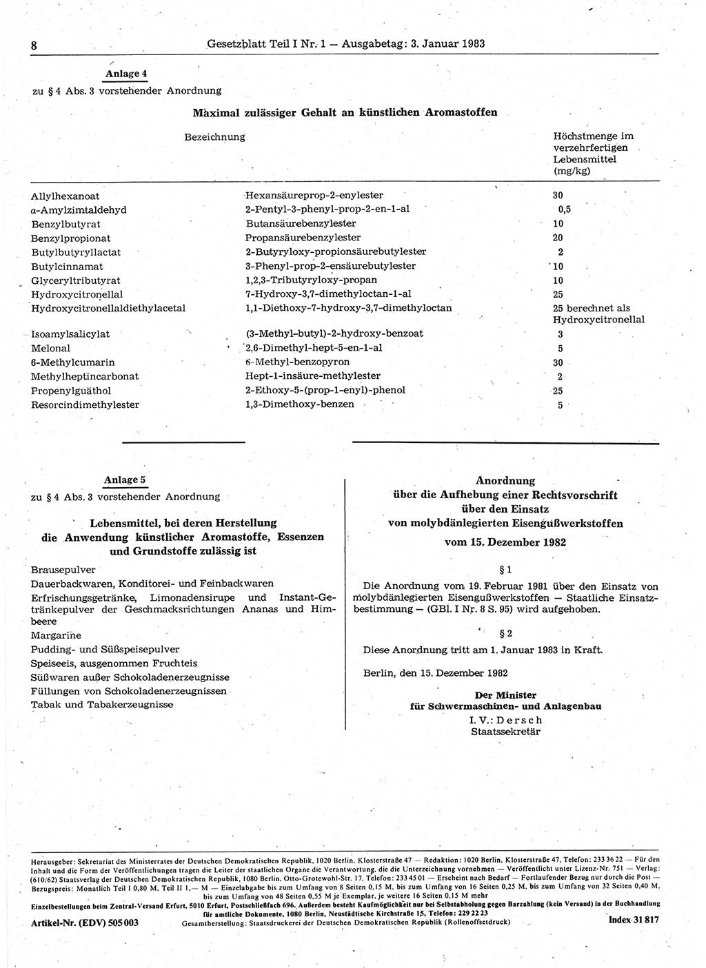 Gesetzblatt (GBl.) der Deutschen Demokratischen Republik (DDR) Teil Ⅰ 1983, Seite 8 (GBl. DDR Ⅰ 1983, S. 8)