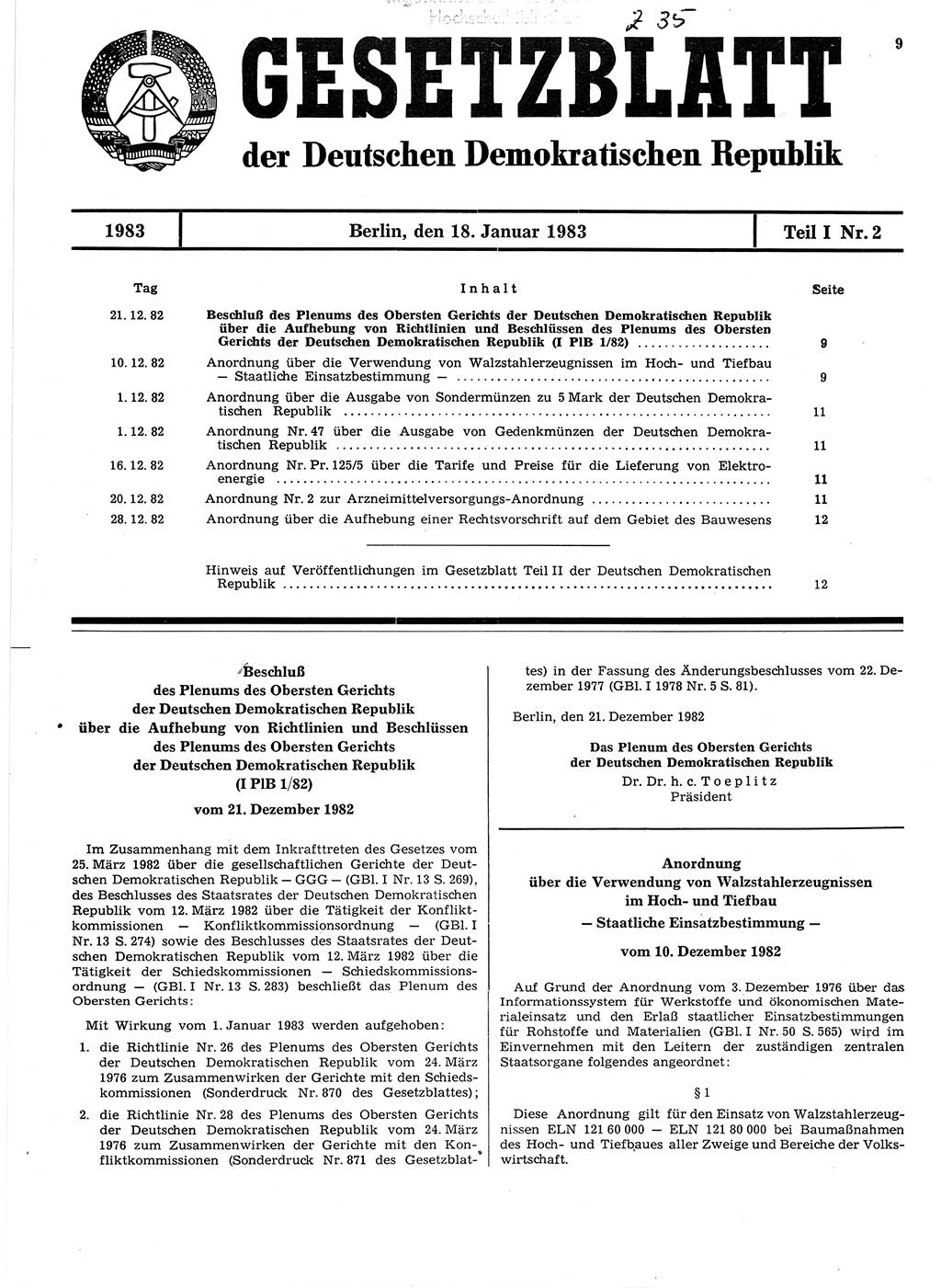 Gesetzblatt (GBl.) der Deutschen Demokratischen Republik (DDR) Teil Ⅰ 1983, Seite 9 (GBl. DDR Ⅰ 1983, S. 9)