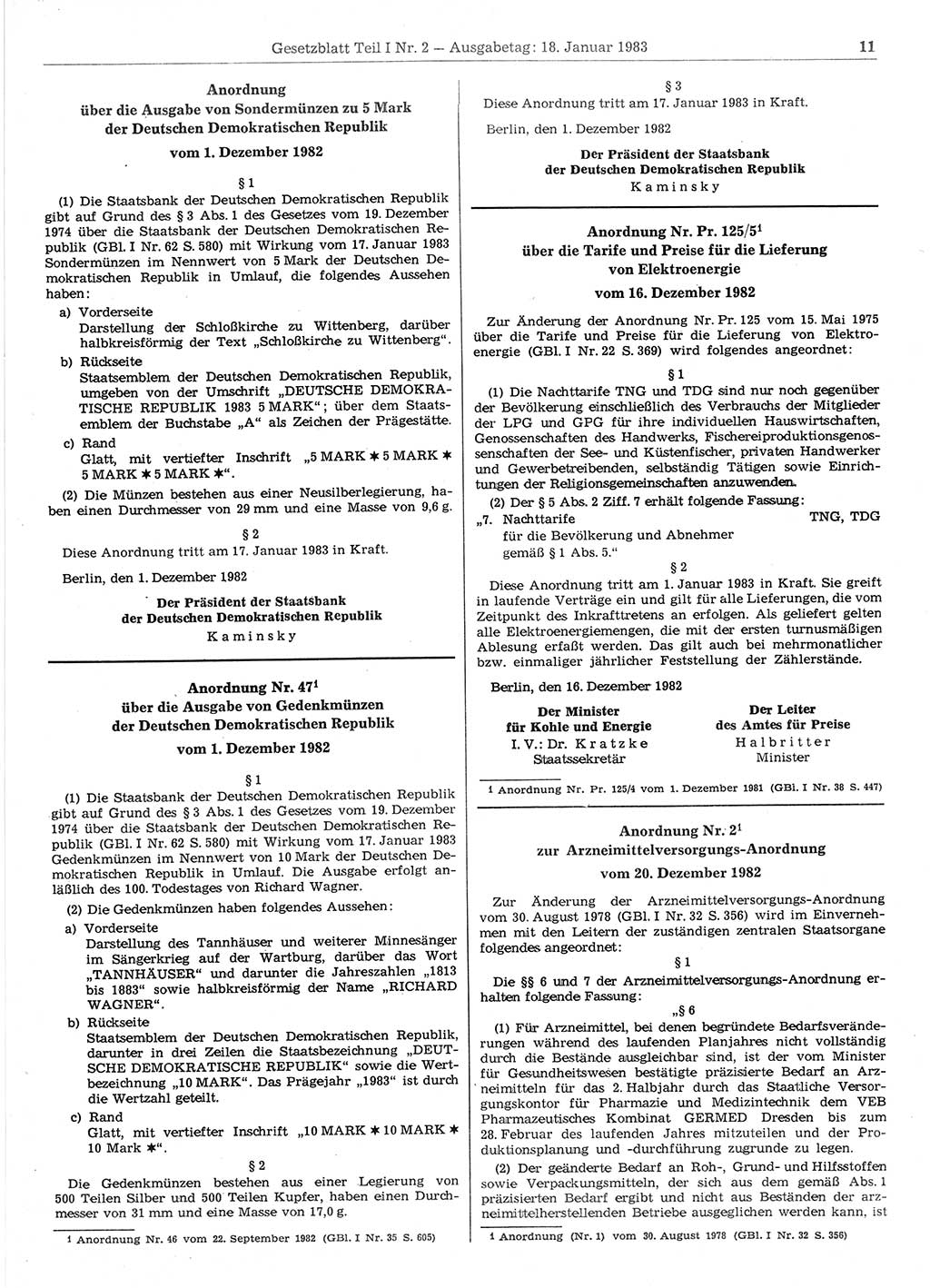 Gesetzblatt (GBl.) der Deutschen Demokratischen Republik (DDR) Teil Ⅰ 1983, Seite 11 (GBl. DDR Ⅰ 1983, S. 11)