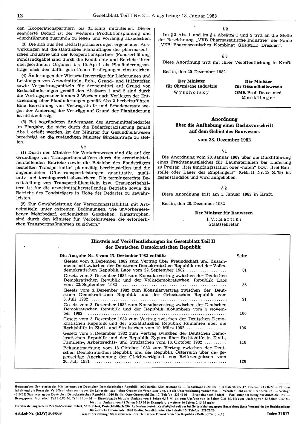Gesetzblatt (GBl.) der Deutschen Demokratischen Republik (DDR) Teil Ⅰ 1983, Seite 12 (GBl. DDR Ⅰ 1983, S. 12)