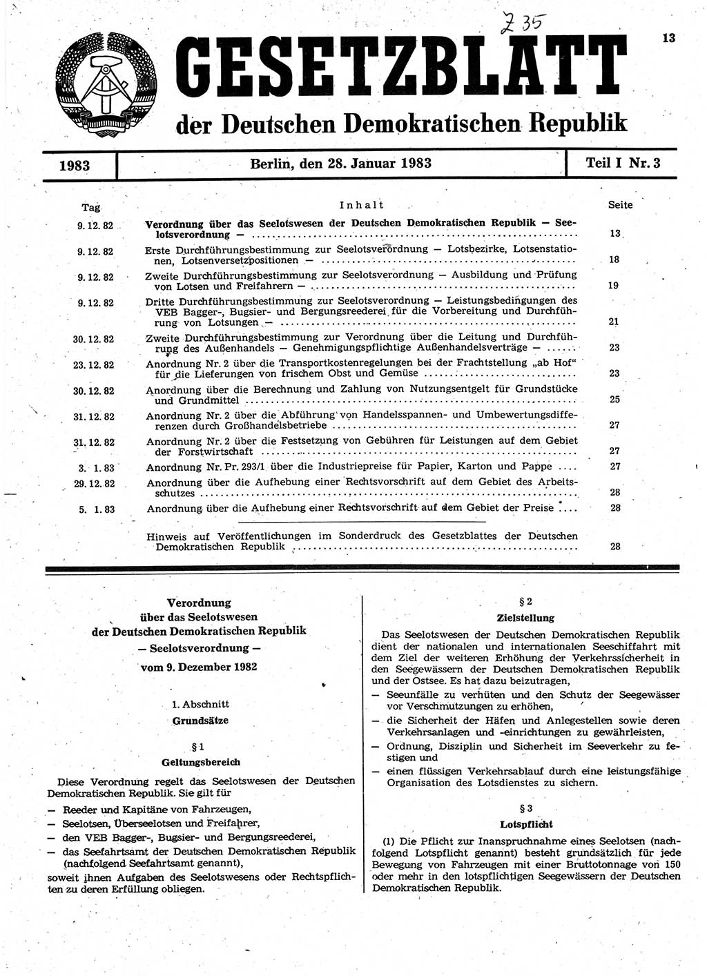 Gesetzblatt (GBl.) der Deutschen Demokratischen Republik (DDR) Teil Ⅰ 1983, Seite 13 (GBl. DDR Ⅰ 1983, S. 13)