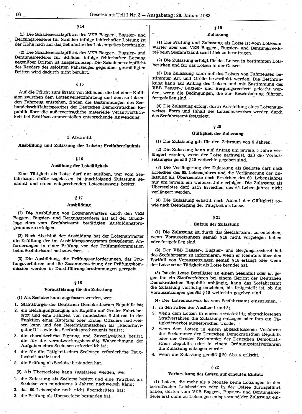Gesetzblatt (GBl.) der Deutschen Demokratischen Republik (DDR) Teil Ⅰ 1983, Seite 16 (GBl. DDR Ⅰ 1983, S. 16)