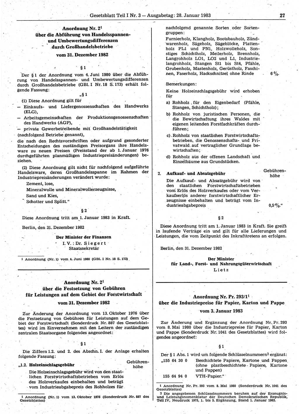 Gesetzblatt (GBl.) der Deutschen Demokratischen Republik (DDR) Teil Ⅰ 1983, Seite 27 (GBl. DDR Ⅰ 1983, S. 27)