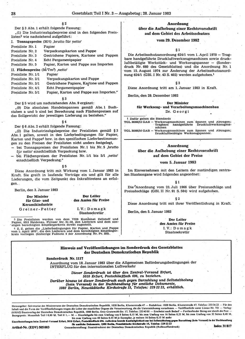 Gesetzblatt (GBl.) der Deutschen Demokratischen Republik (DDR) Teil Ⅰ 1983, Seite 28 (GBl. DDR Ⅰ 1983, S. 28)