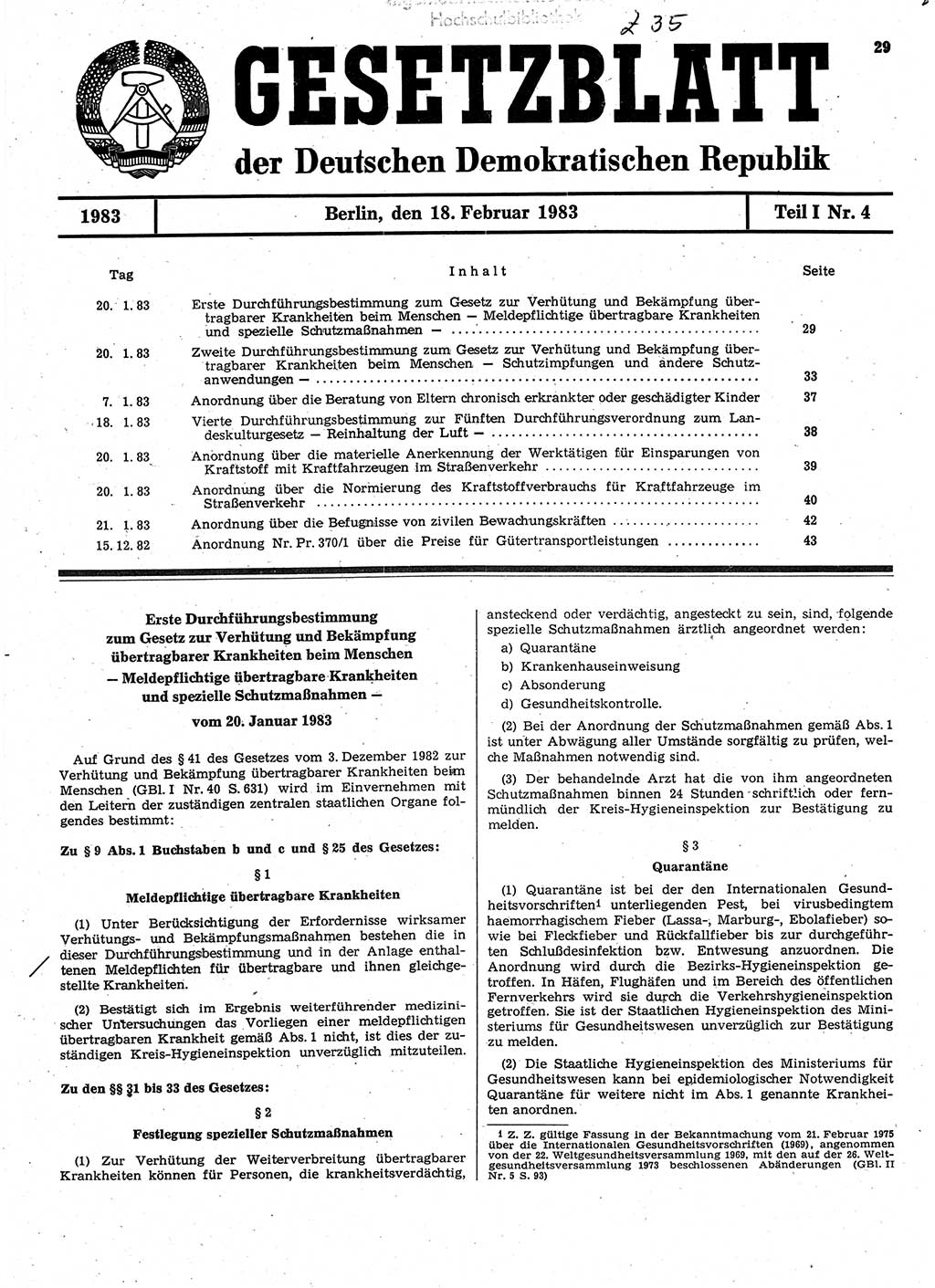 Gesetzblatt (GBl.) der Deutschen Demokratischen Republik (DDR) Teil Ⅰ 1983, Seite 29 (GBl. DDR Ⅰ 1983, S. 29)