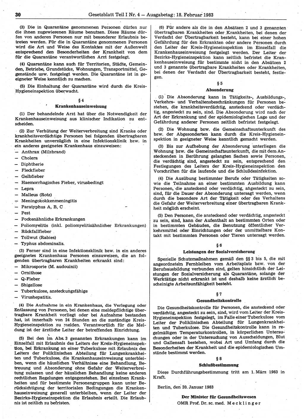 Gesetzblatt (GBl.) der Deutschen Demokratischen Republik (DDR) Teil Ⅰ 1983, Seite 30 (GBl. DDR Ⅰ 1983, S. 30)