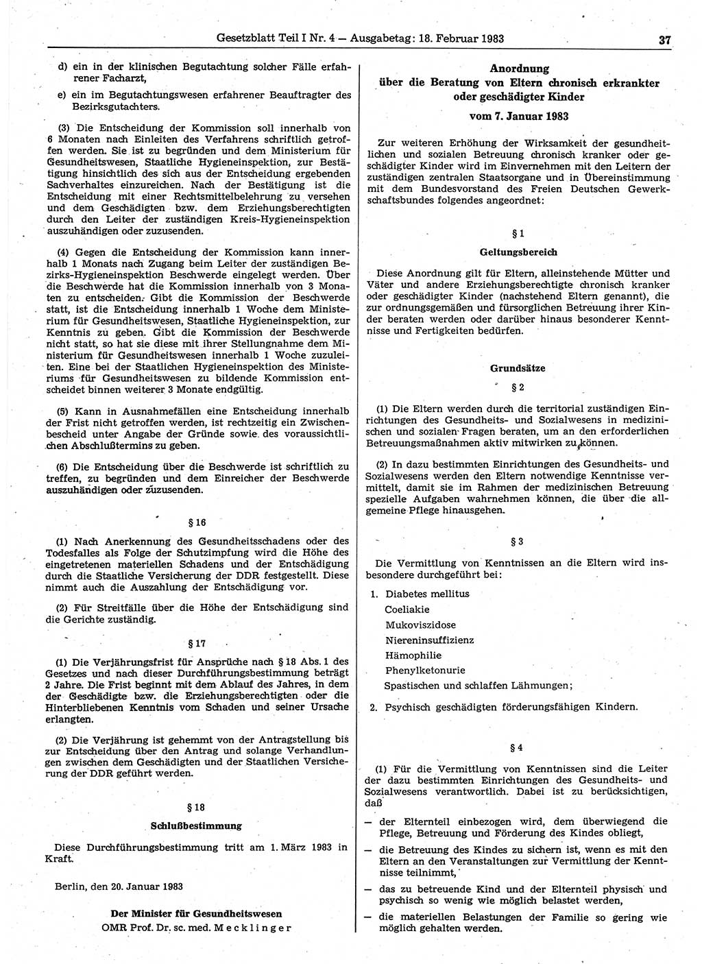 Gesetzblatt (GBl.) der Deutschen Demokratischen Republik (DDR) Teil Ⅰ 1983, Seite 37 (GBl. DDR Ⅰ 1983, S. 37)