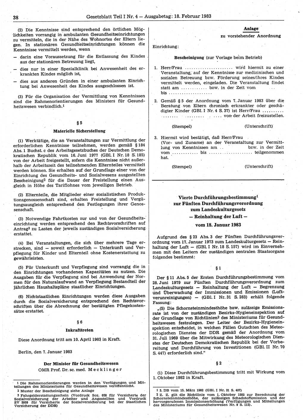 Gesetzblatt (GBl.) der Deutschen Demokratischen Republik (DDR) Teil Ⅰ 1983, Seite 38 (GBl. DDR Ⅰ 1983, S. 38)