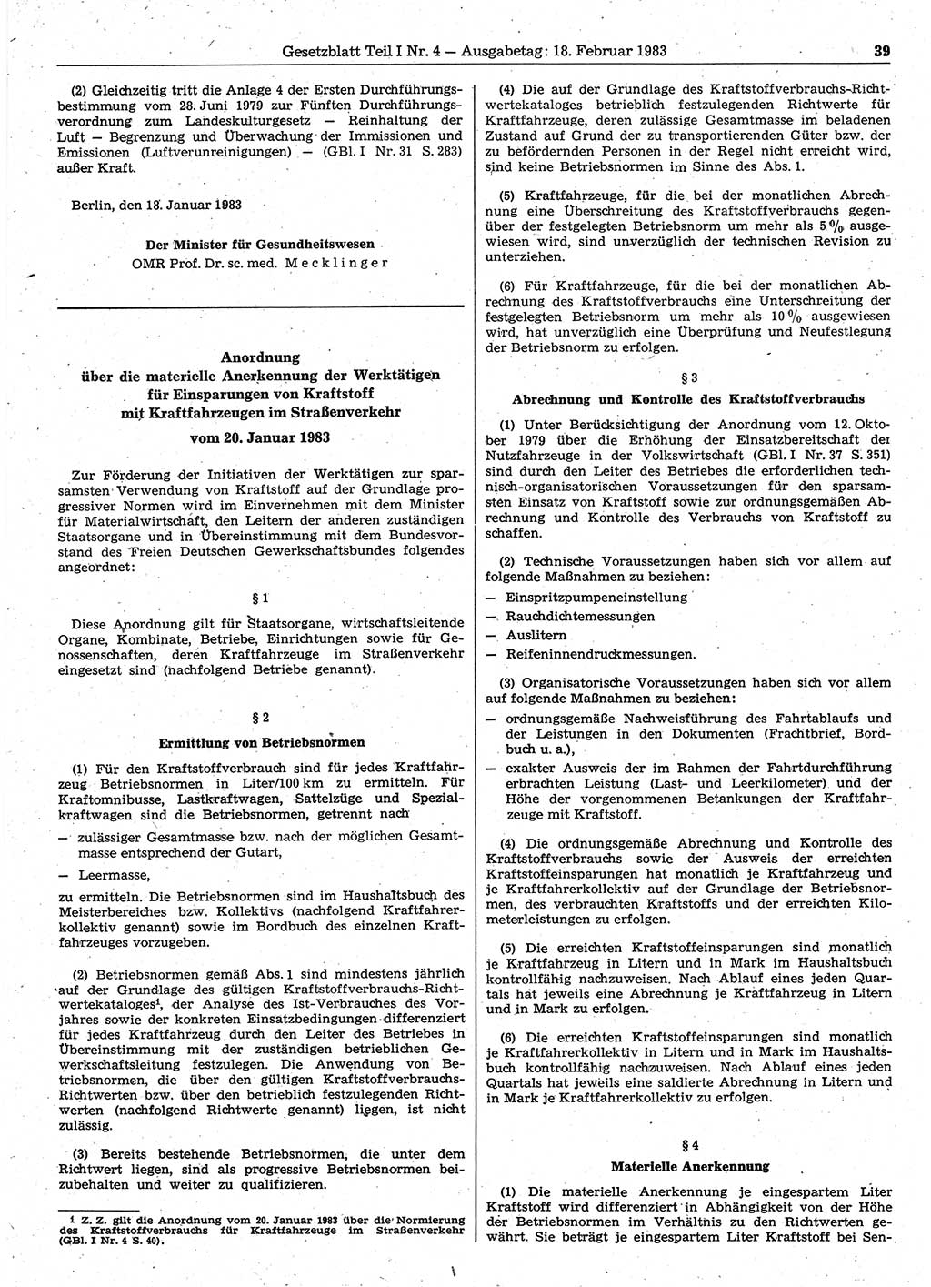 Gesetzblatt (GBl.) der Deutschen Demokratischen Republik (DDR) Teil Ⅰ 1983, Seite 39 (GBl. DDR Ⅰ 1983, S. 39)