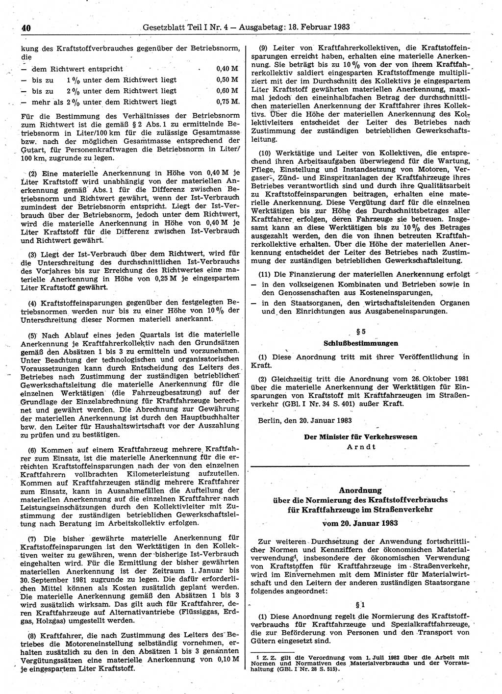Gesetzblatt (GBl.) der Deutschen Demokratischen Republik (DDR) Teil Ⅰ 1983, Seite 40 (GBl. DDR Ⅰ 1983, S. 40)